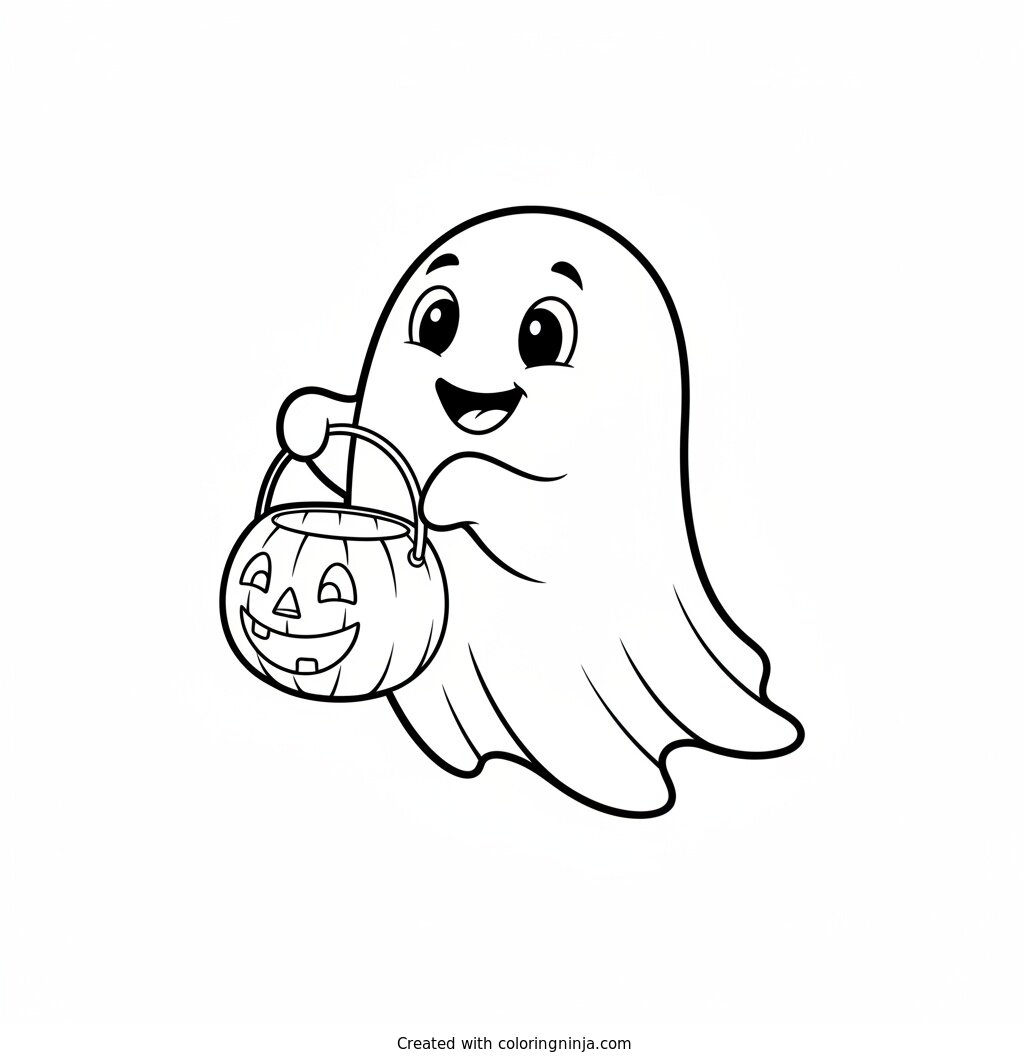 A Friendly Ghost Trick-or-Treating Coloring Page