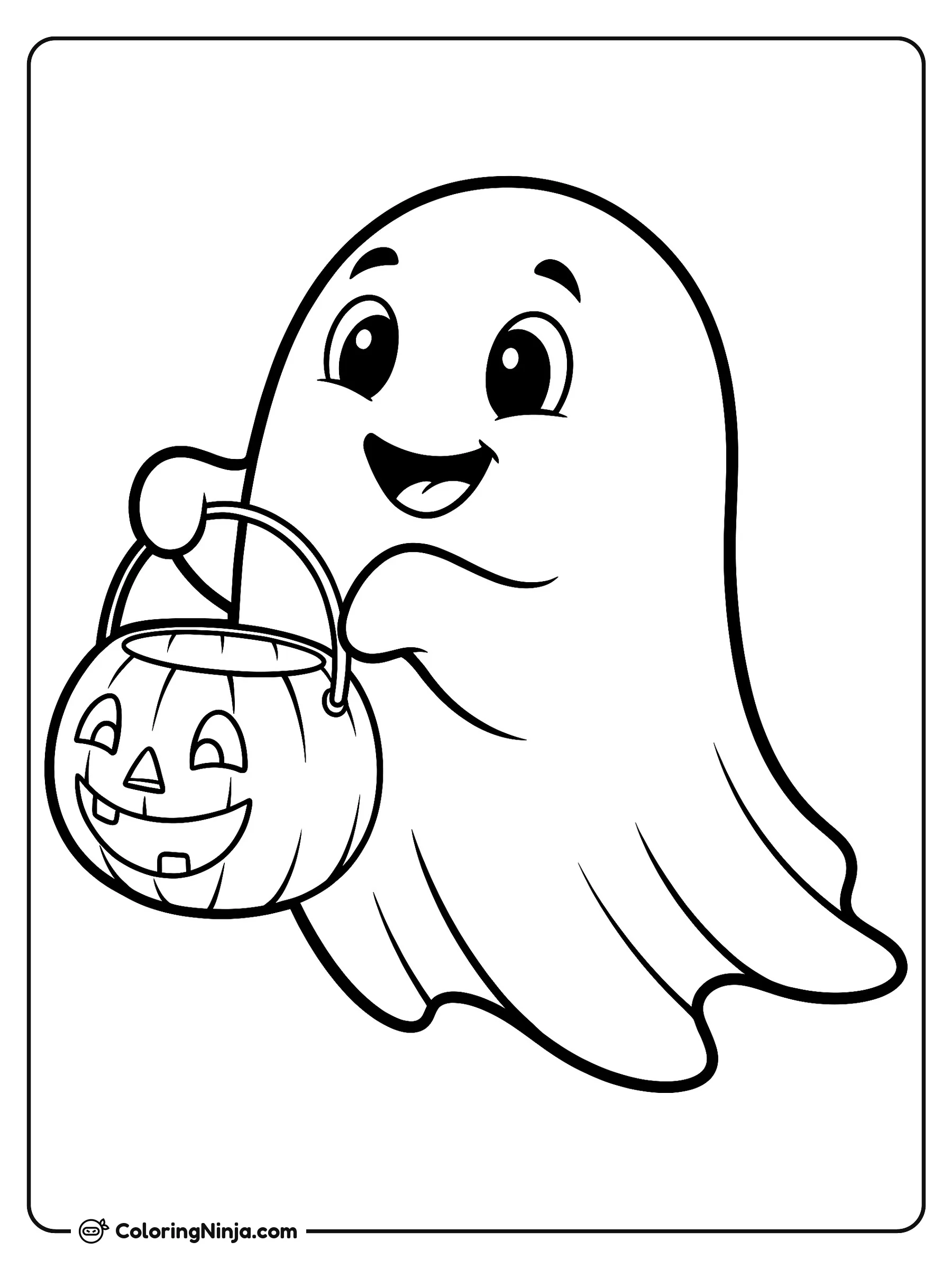Fantasma amigable pidiendo dulces, dibujo para colorear: Un fantasma sonriente flota alegremente mientras sostiene una cubeta de calabaza para pedir dulces en Halloween.