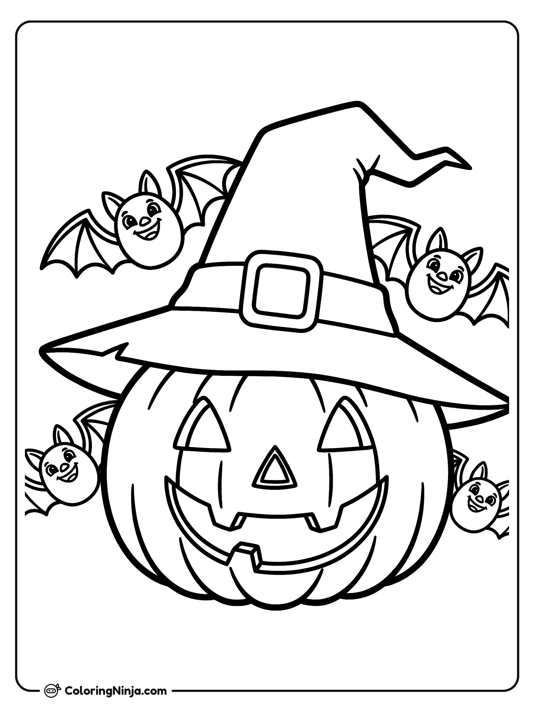 La calabaza alegre de Halloween, dibujo para colorear: Una simpática calabaza sonriente lleva puesto un sombrero alto de bruja con hebilla. A su alrededor revolotean cuatro murciélagos amigables.