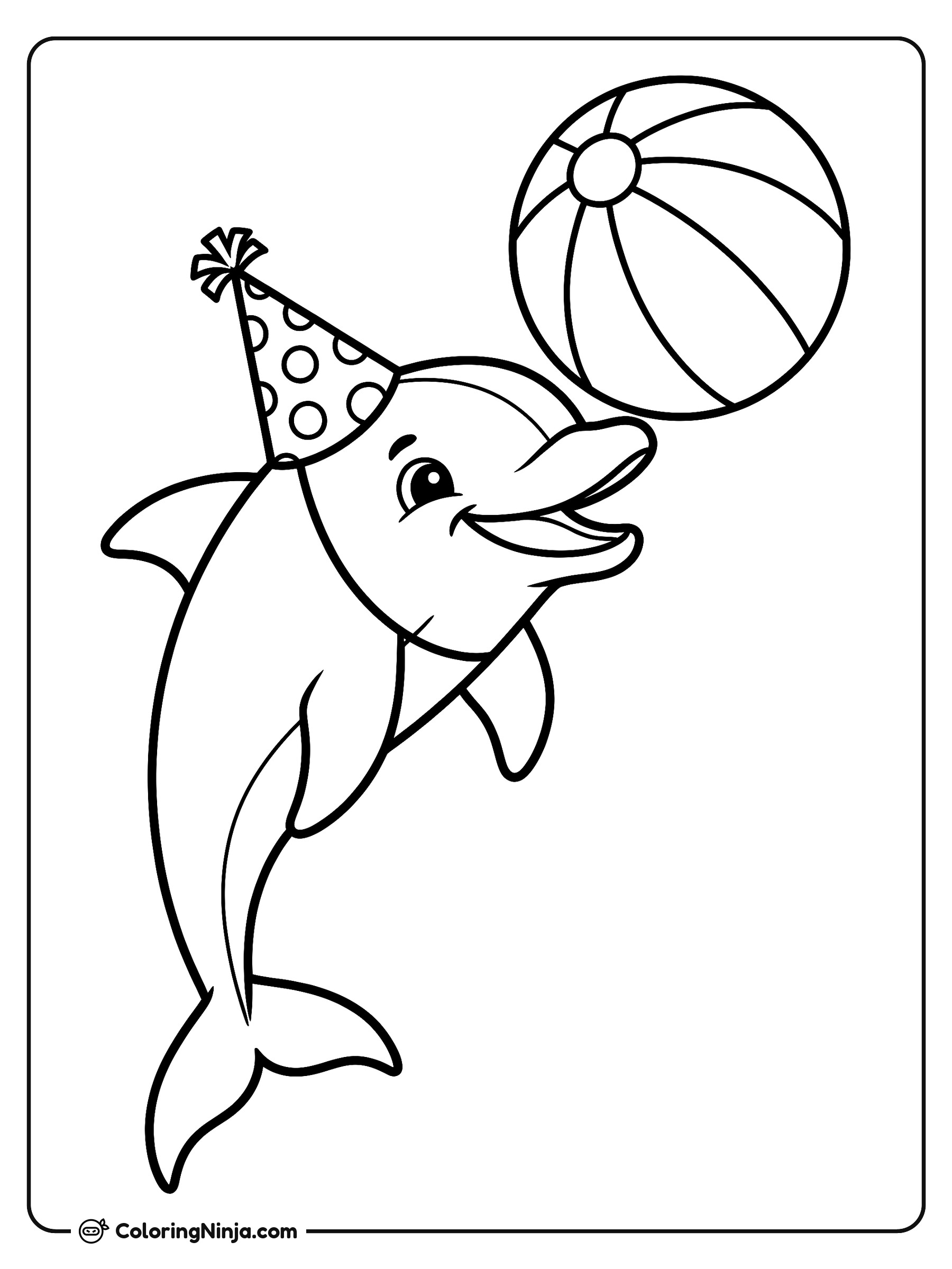 Delfín alegre con pelota de playa: dibujo para colorear