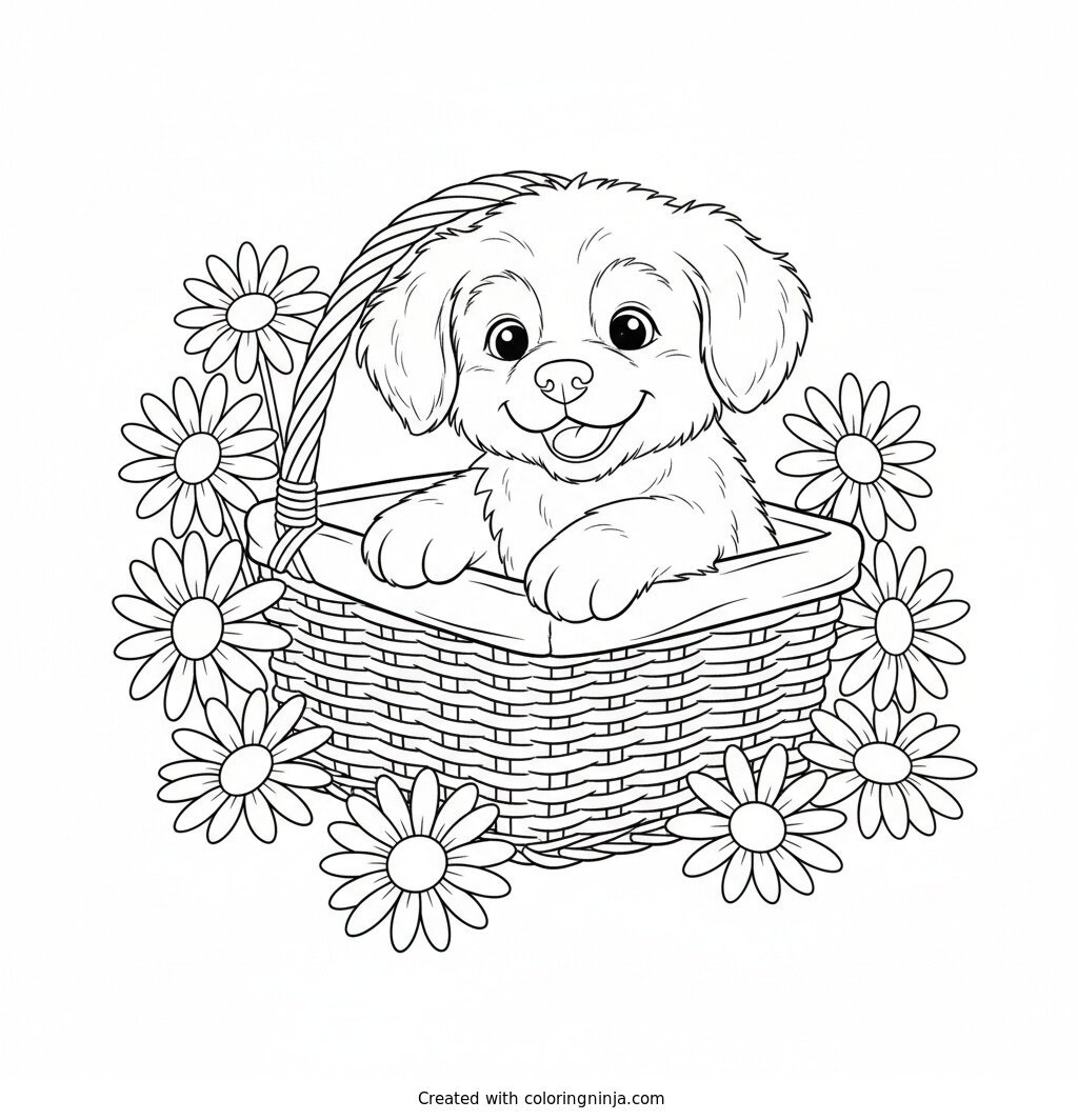 Puppy in a Picnic Basket Coloring Page