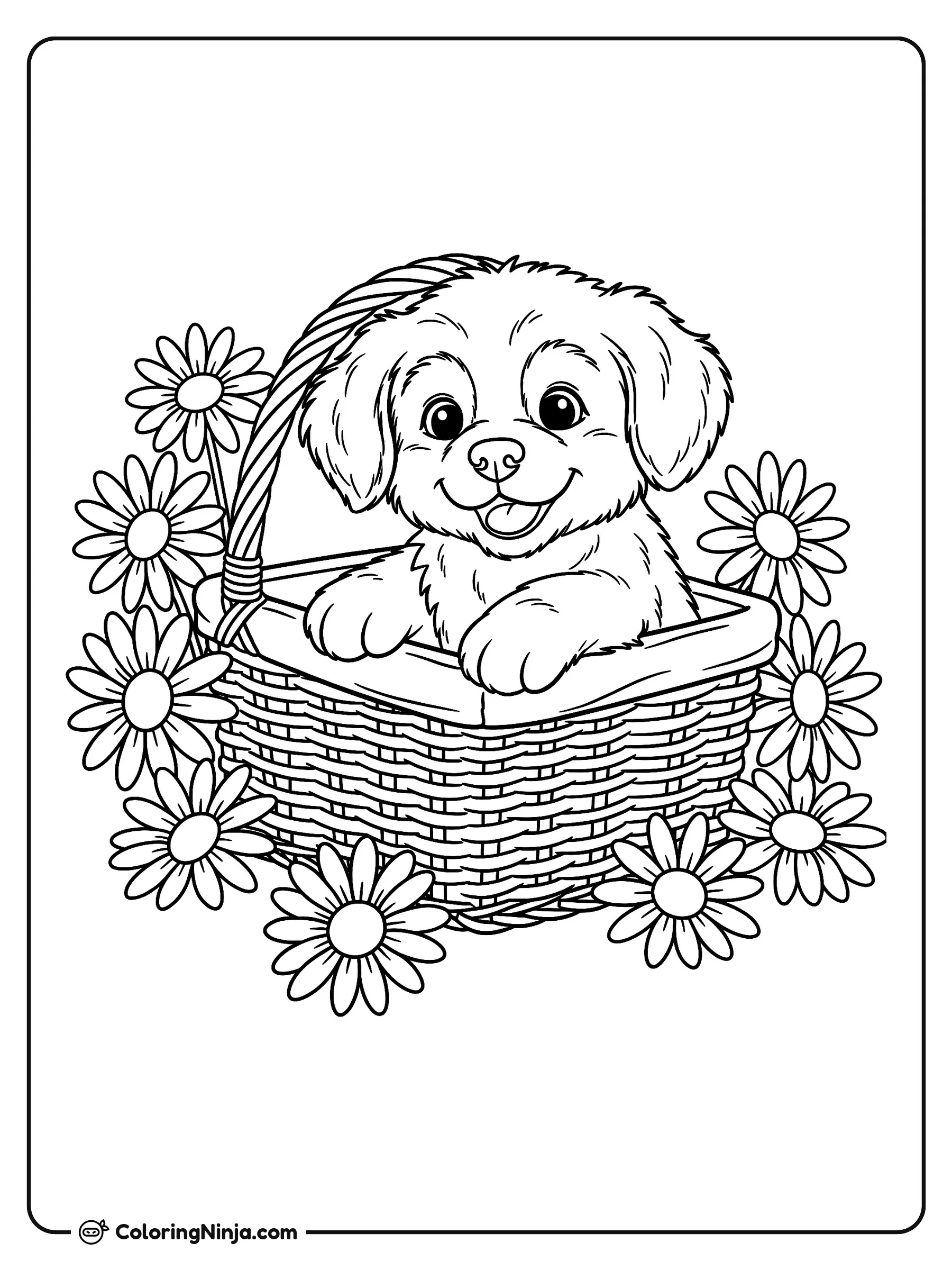 Perrito en una canasta de picnic, dibujo para colorear: Un alegre cachorro se asoma sonriente desde una canasta tejida rodeada de grandes margaritas. Sus trazos sencillos y detalles amplios son perfectos para niños de 4 a 8 años.