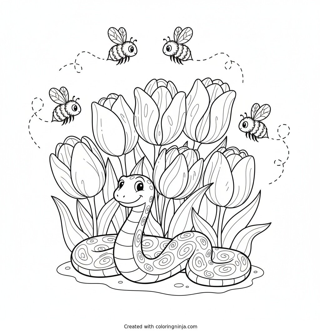Garden Snake Among the Flowers Coloring Page