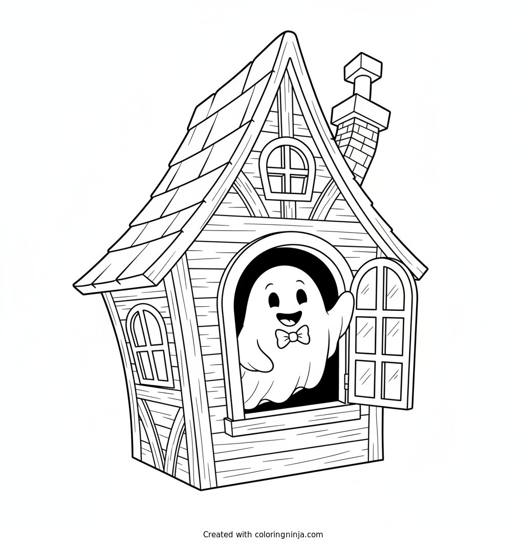 Friendly Ghost in the Window Coloring Page