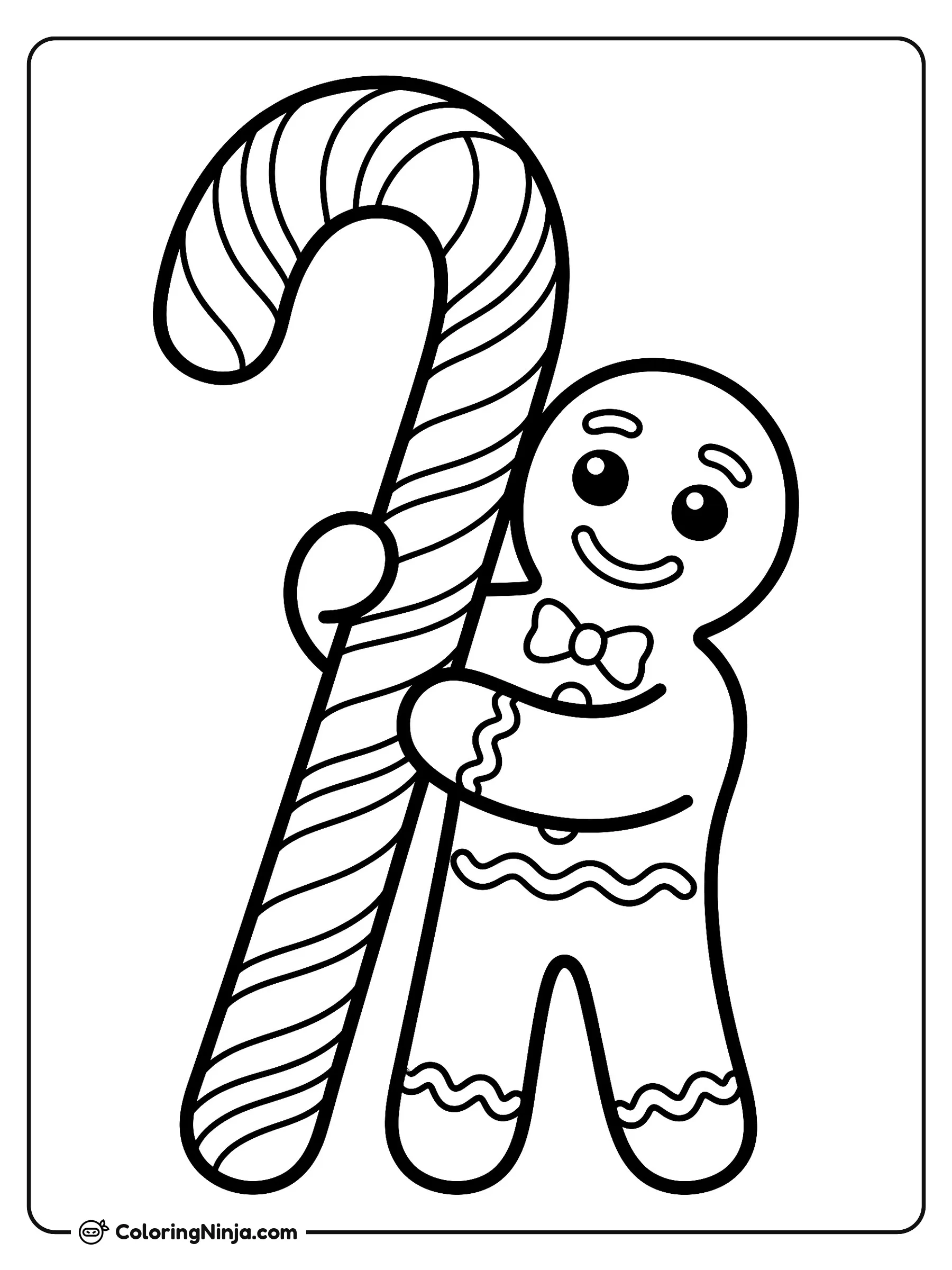 Gingerbread Man and Candy Cane Coloring Page: A smiling gingerbread cookie wraps his arms around a large striped candy cane standing vertically. The background is simple and uncluttered to keep focus on the main characters.
