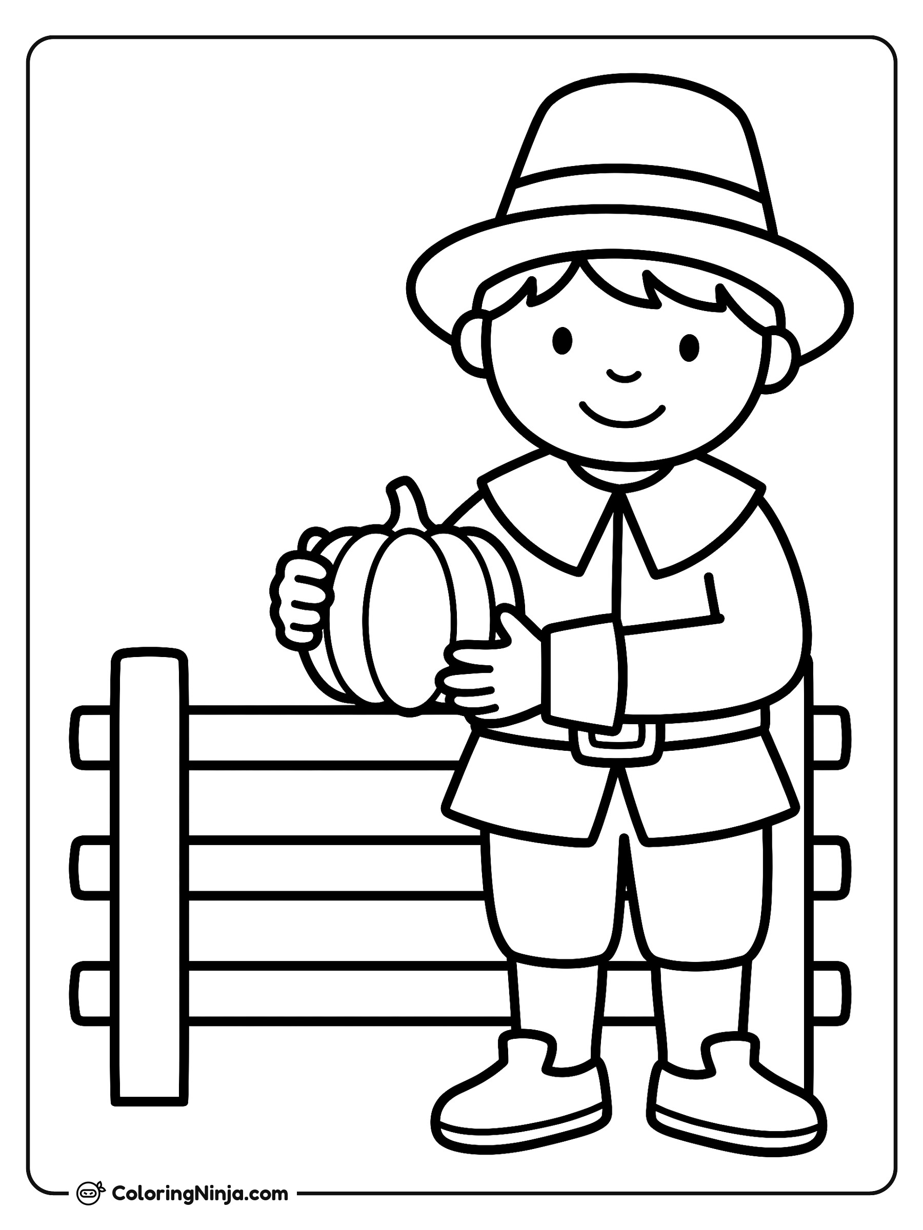 Pilgrim Boy with Pumpkin Coloring Page