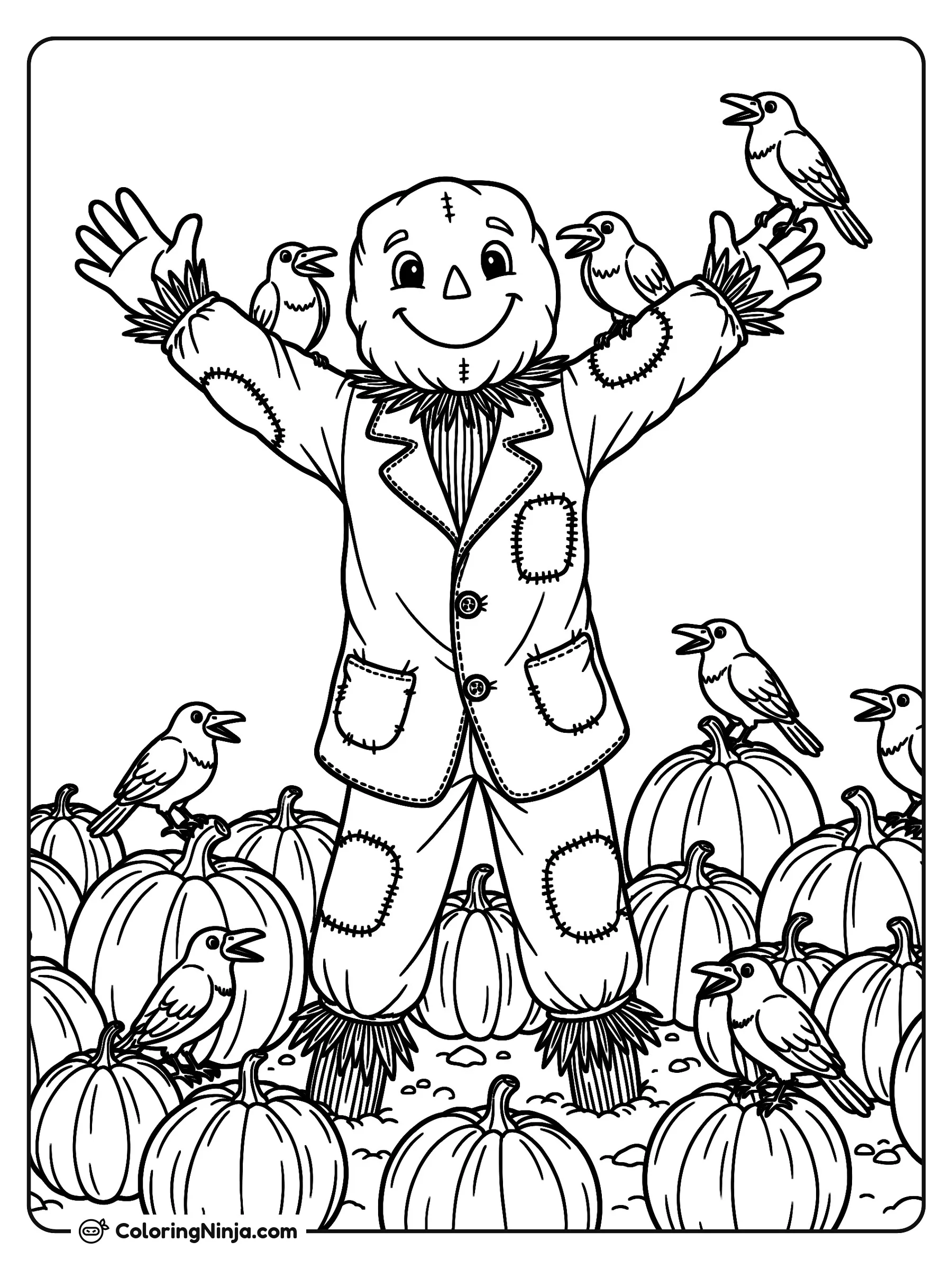 Espantapájaros feliz en el huerto de calabazas, dibujo para colorear: Un sonriente espantapájaros se encuentra en medio de un huerto de calabazas con los brazos abiertos hacia el cielo.