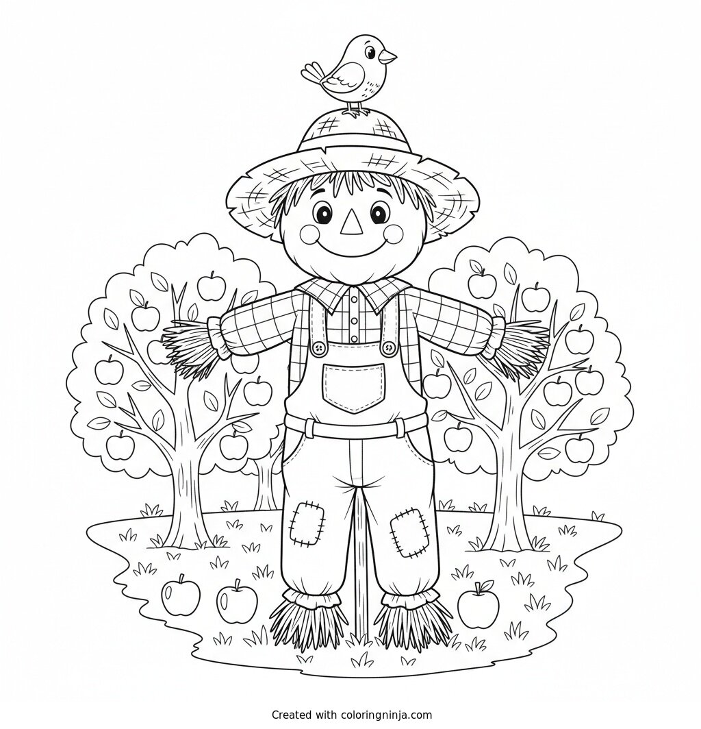 Friendly Scarecrow in the Orchard Coloring Page