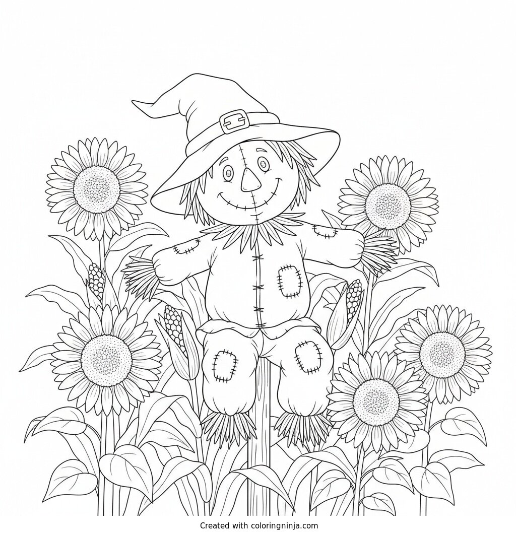 The Friendly Harvest Scarecrow Coloring Page