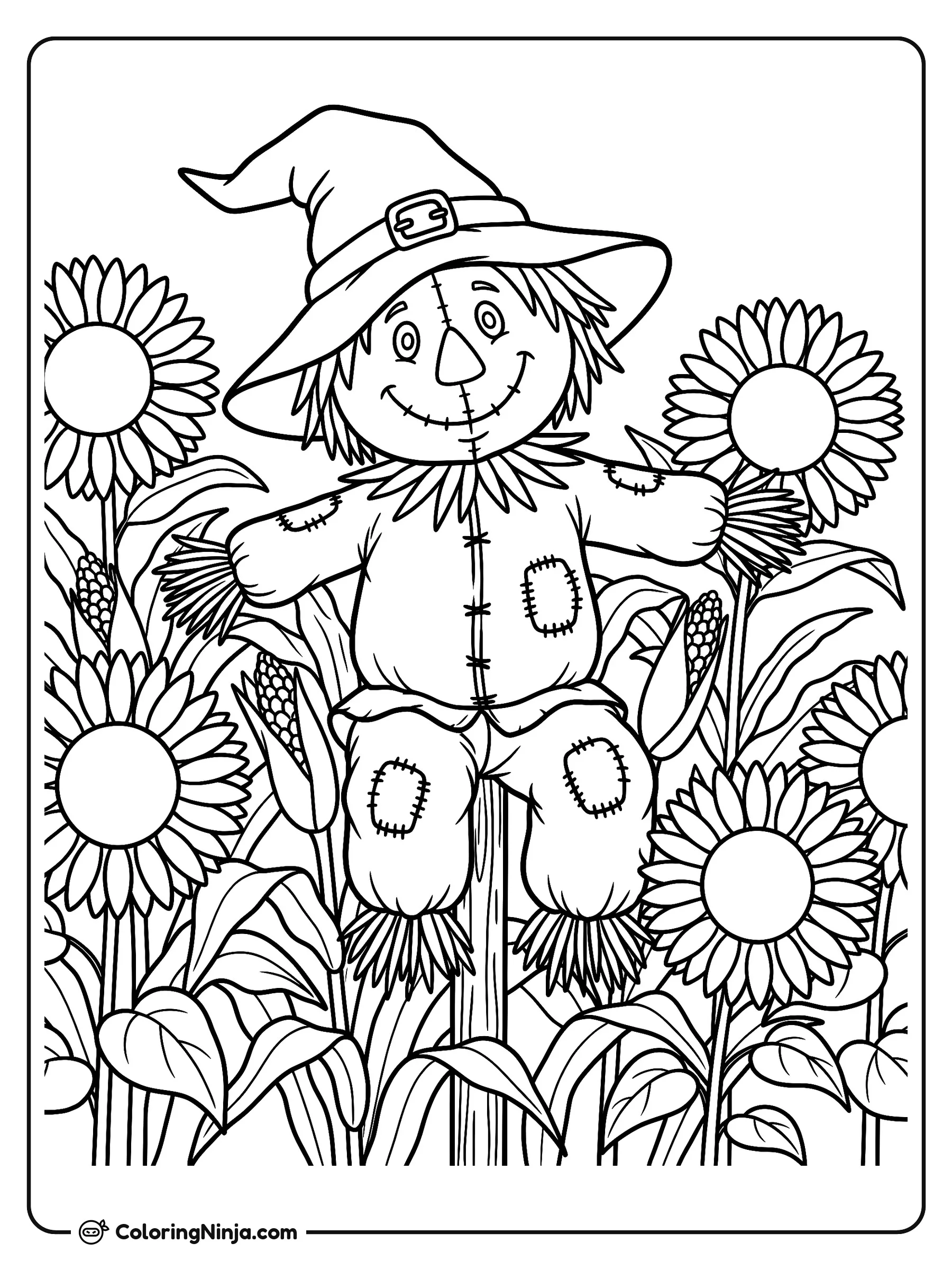 El amigable espantapájaros de cosecha, dibujo para colorear: Un amigable espantapájaros posa con los brazos abiertos en un animado campo otoñal, luciendo su sombrero con hebilla y ropa remendada.