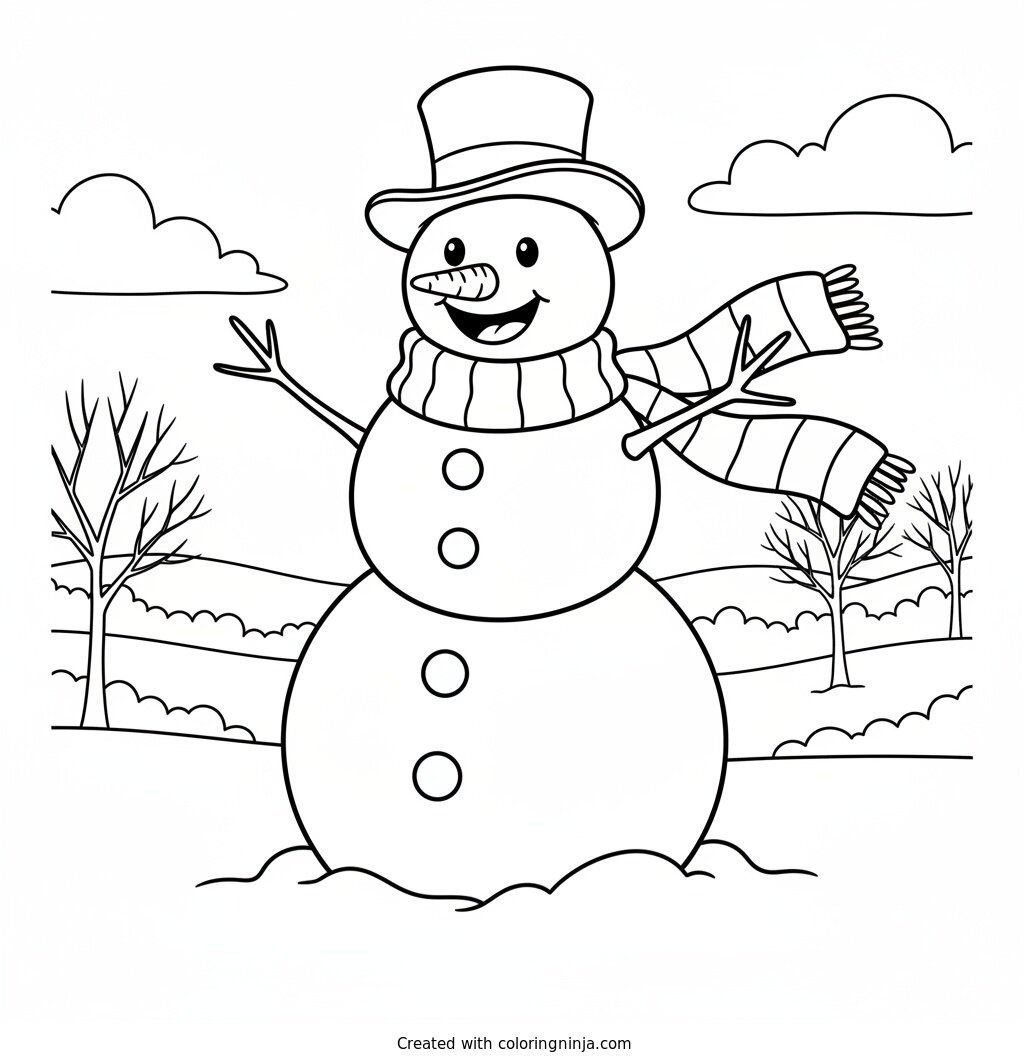 A Friendly Winter Snowman Coloring Page