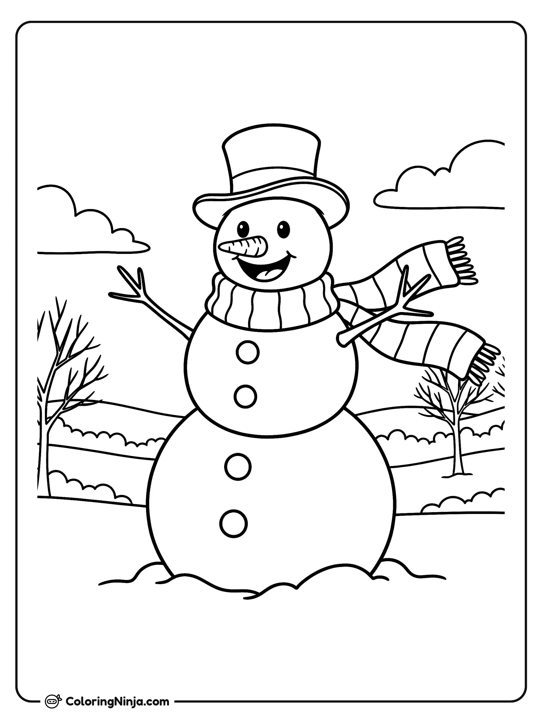 Un amigable muñeco de nieve invernal, dibujo para colorear: Un alegre muñeco de nieve viste sombrero de copa, bufanda a rayas y nariz de zanahoria mientras sonríe al aire libre.