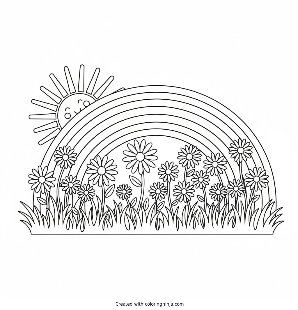 Sunlight and Meadow Rainbow Coloring Page