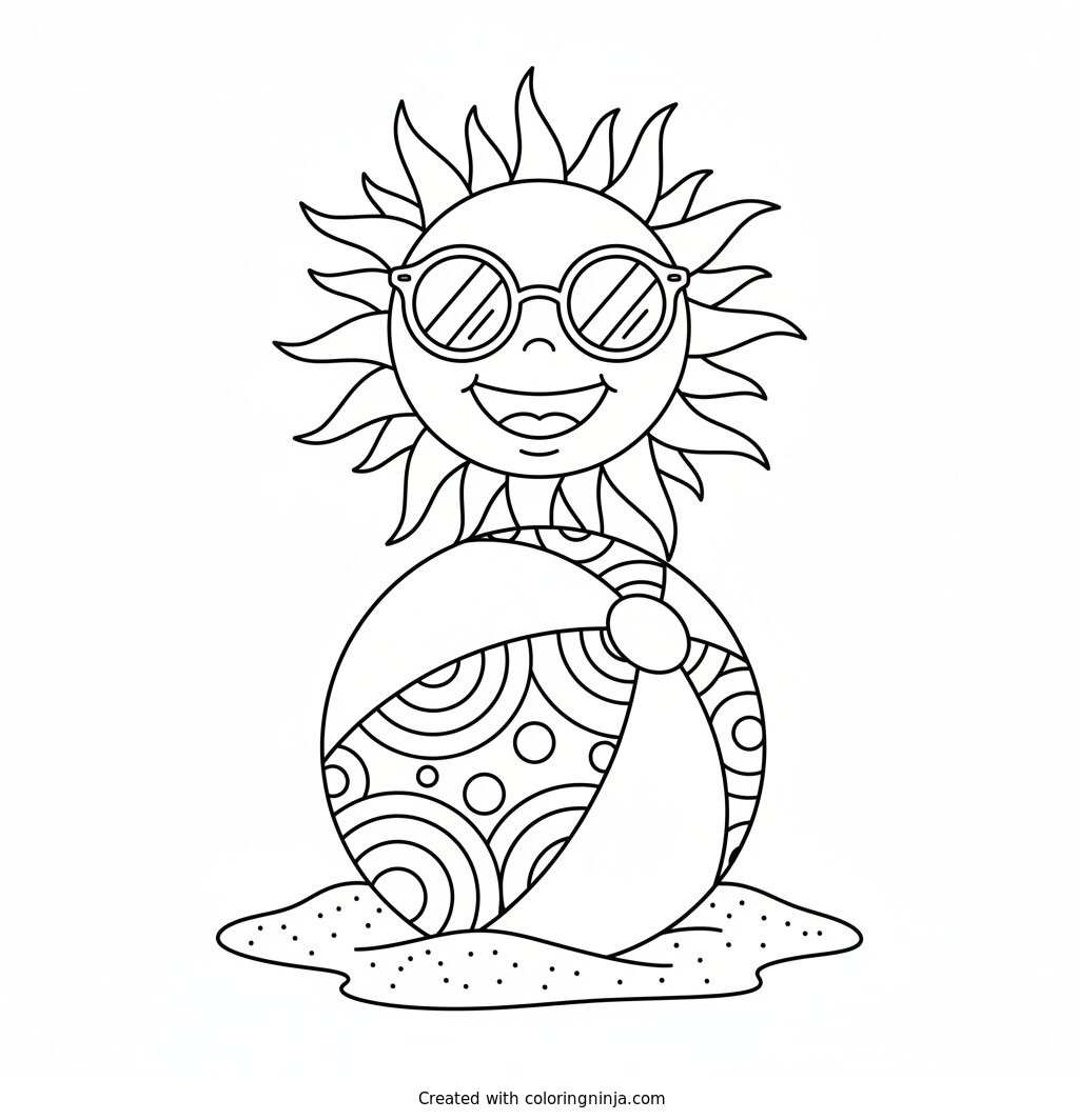Smiling Sun and Beach Ball Coloring Page