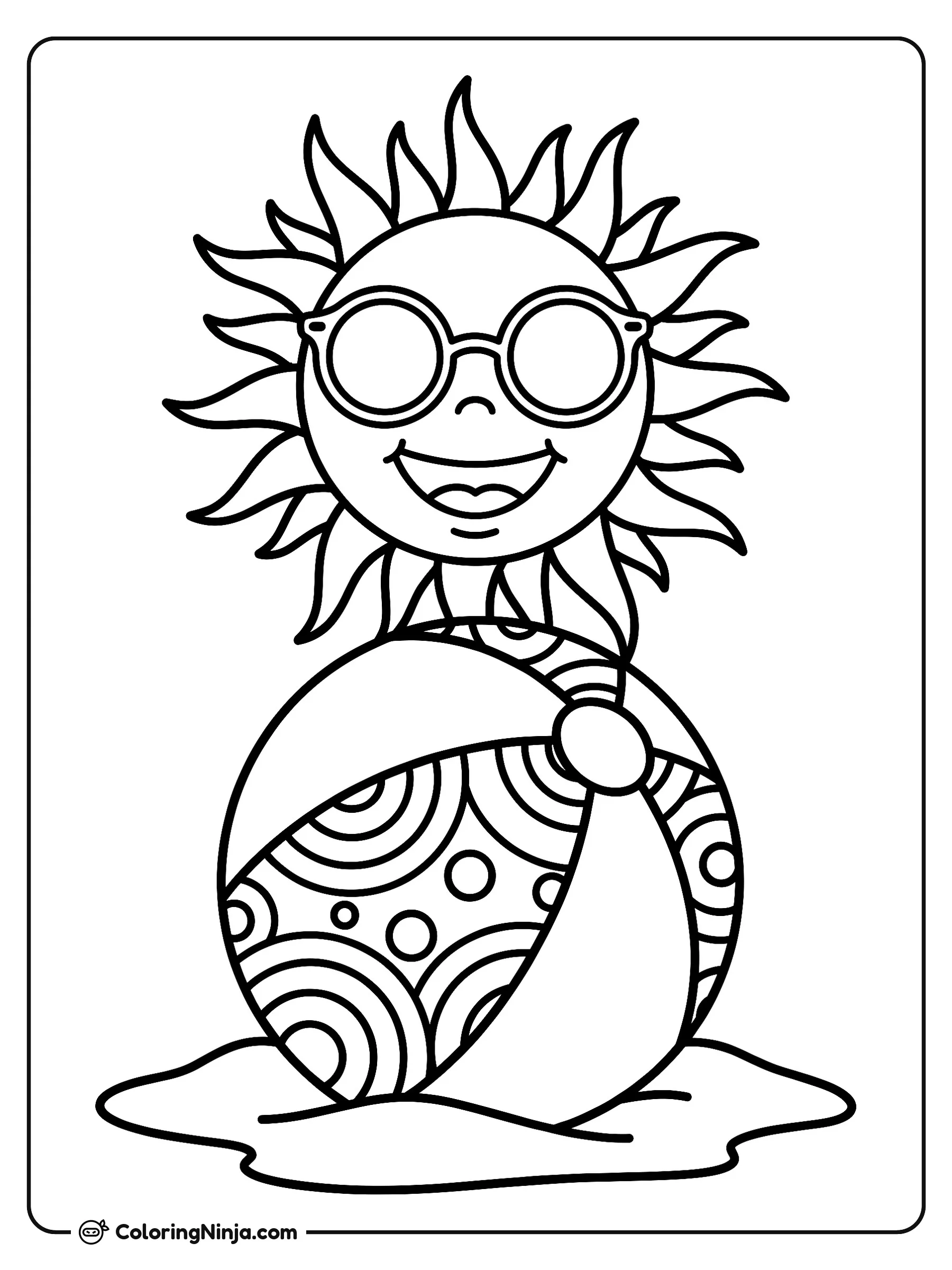 Sol sonriente y pelota de playa, dibujo para colorear: Un alegre sol con lentes de sol redondos descansa sobre una gran pelota de playa decorada con patrones de círculos y lunares.