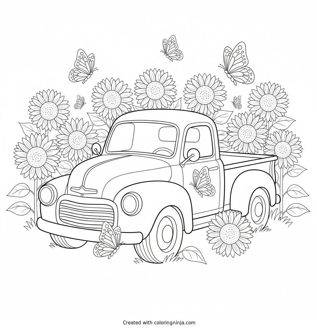 Little Pickup in the Sunflowers Coloring Page