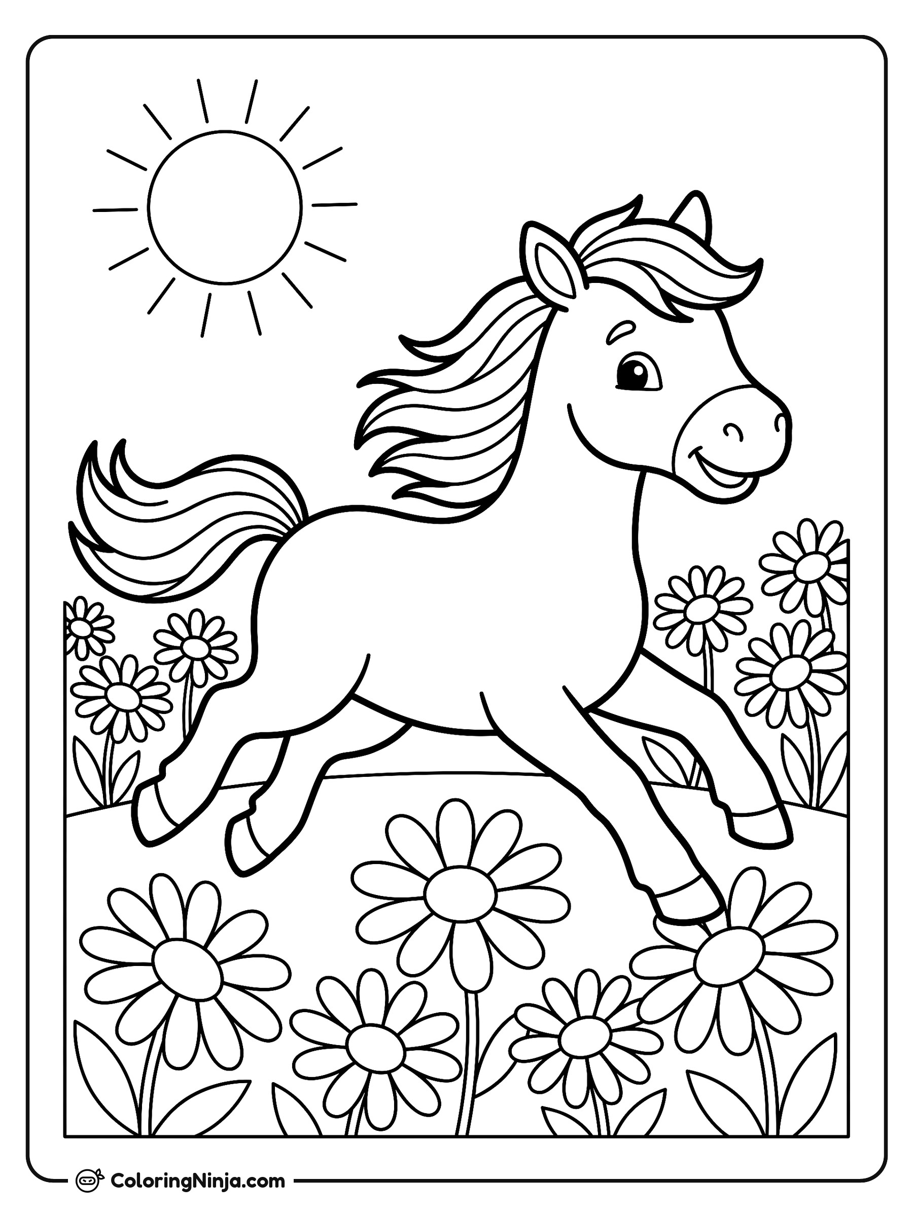 Galloping Horse in the Flowers Coloring Page