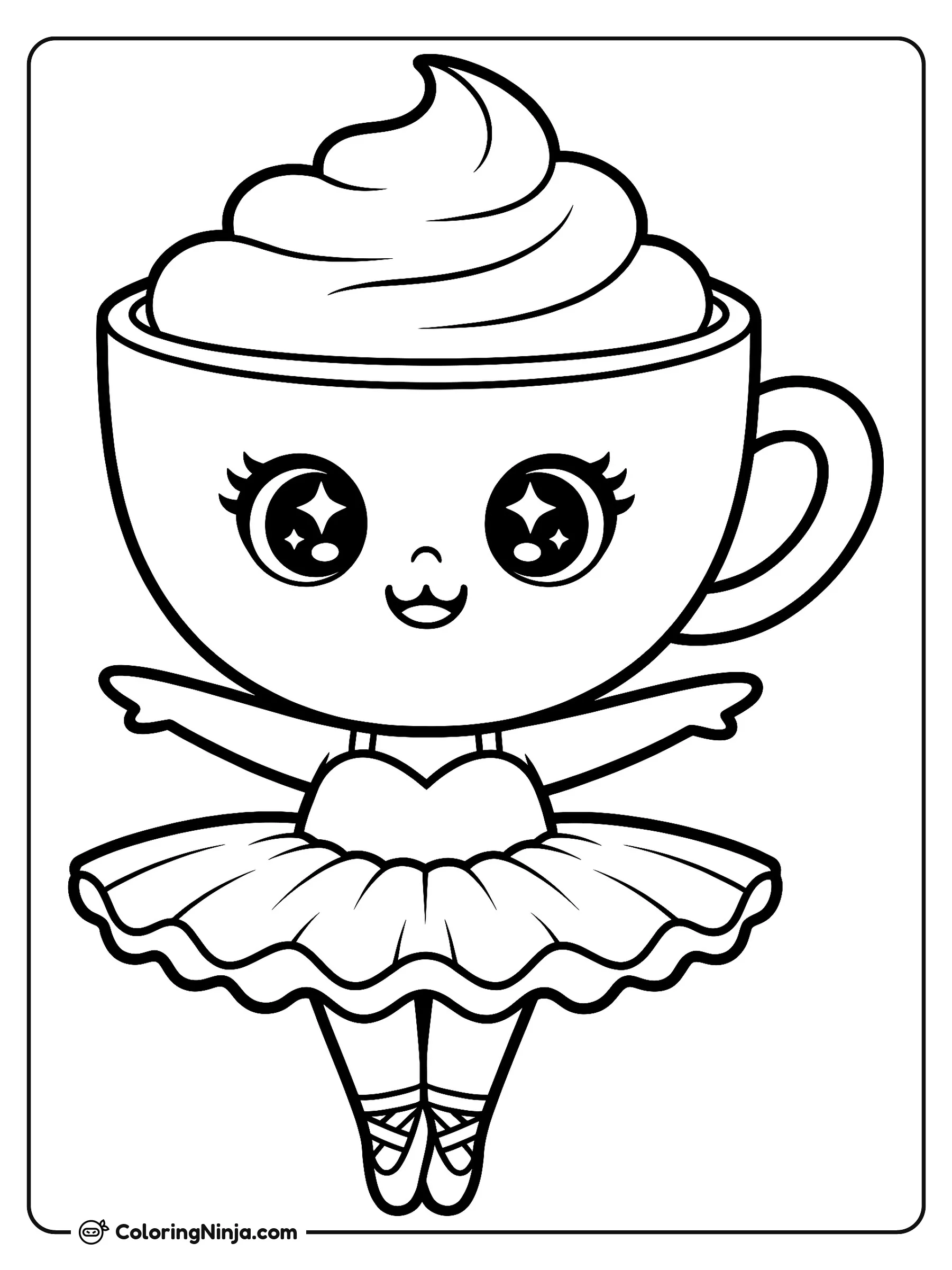 Chibi Ballerina Cappuccina de ballet, dibujo para colorear: Chibi Ballerina Cappuccina posa alegremente como una bailarina con los brazos abiertos, vistiendo un tutú con pliegues y zapatillas de ballet.