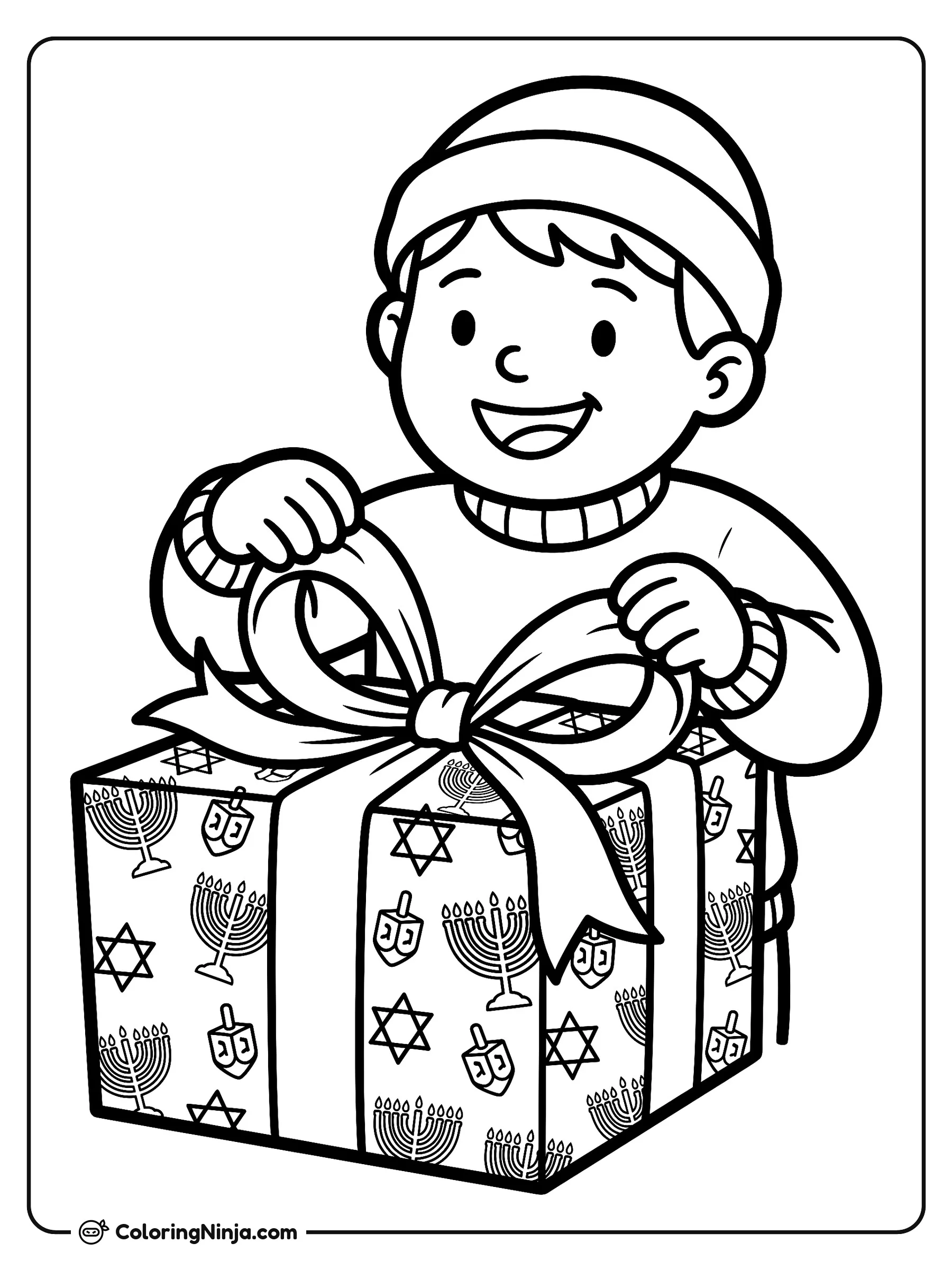 Opening a Hanukkah Gift Coloring Page: A young child sits on the floor, pulling the end of a ribbon bow on a decorative gift box. Star patterns cover the wrapping paper. Suitable for children aged 4 to 8.