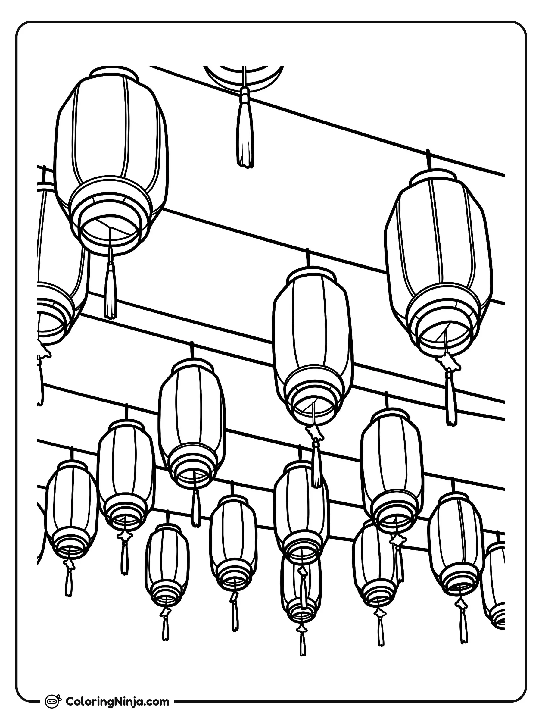 Patrón de linternas chinas colgantes, dibujo para colorear: Varias linternas chinas de forma ovalada cuelgan organizadas en hileras con sus decoraciones y borlas.