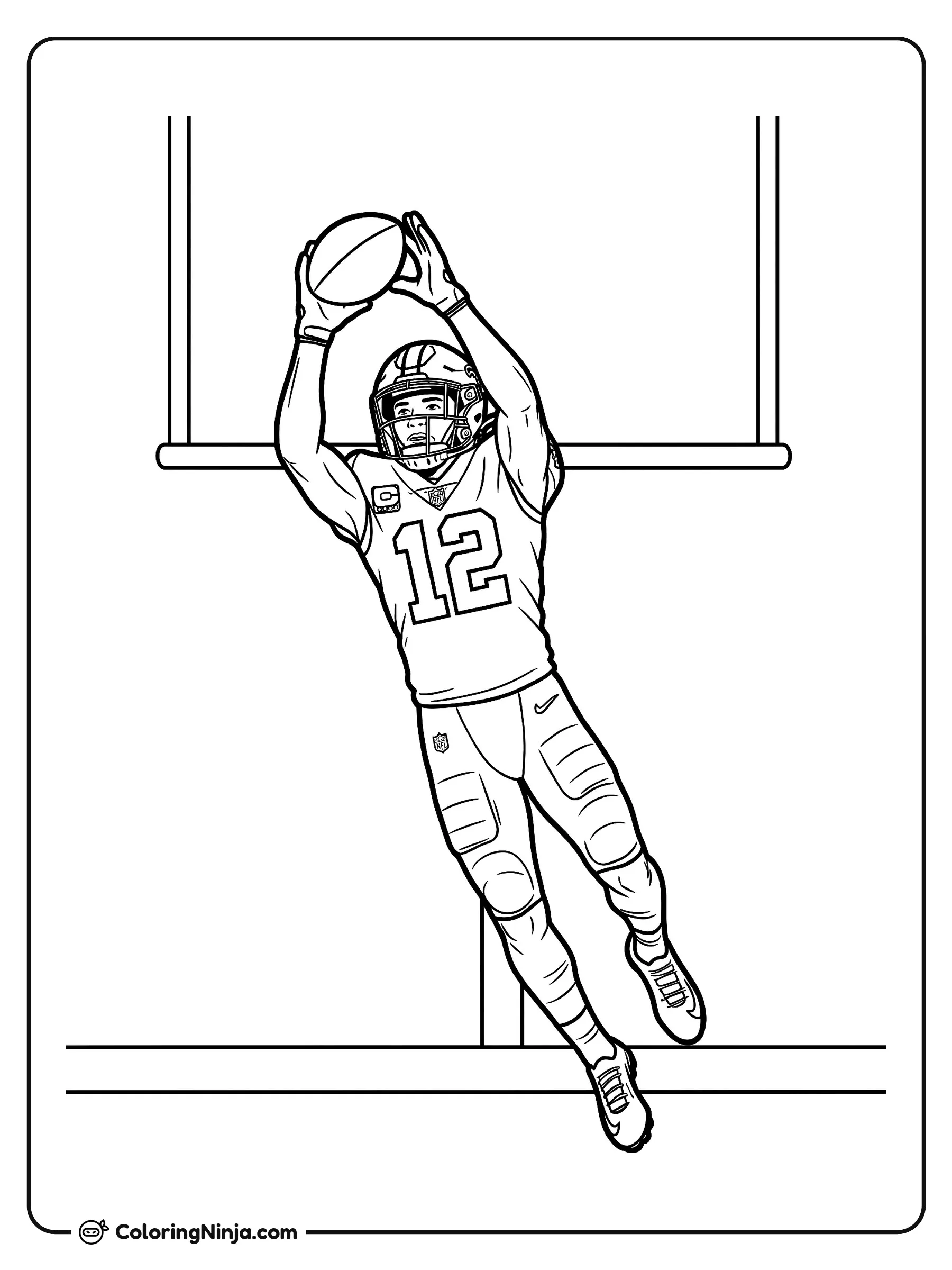 Atrapada Alta de Chris Olave, dibujo para colorear: El jugador de fútbol americano Chris Olave salta para atrapar el balón frente al poste de gol del estadio. Viste su uniforme completo con el número 12 en el emparrillado.