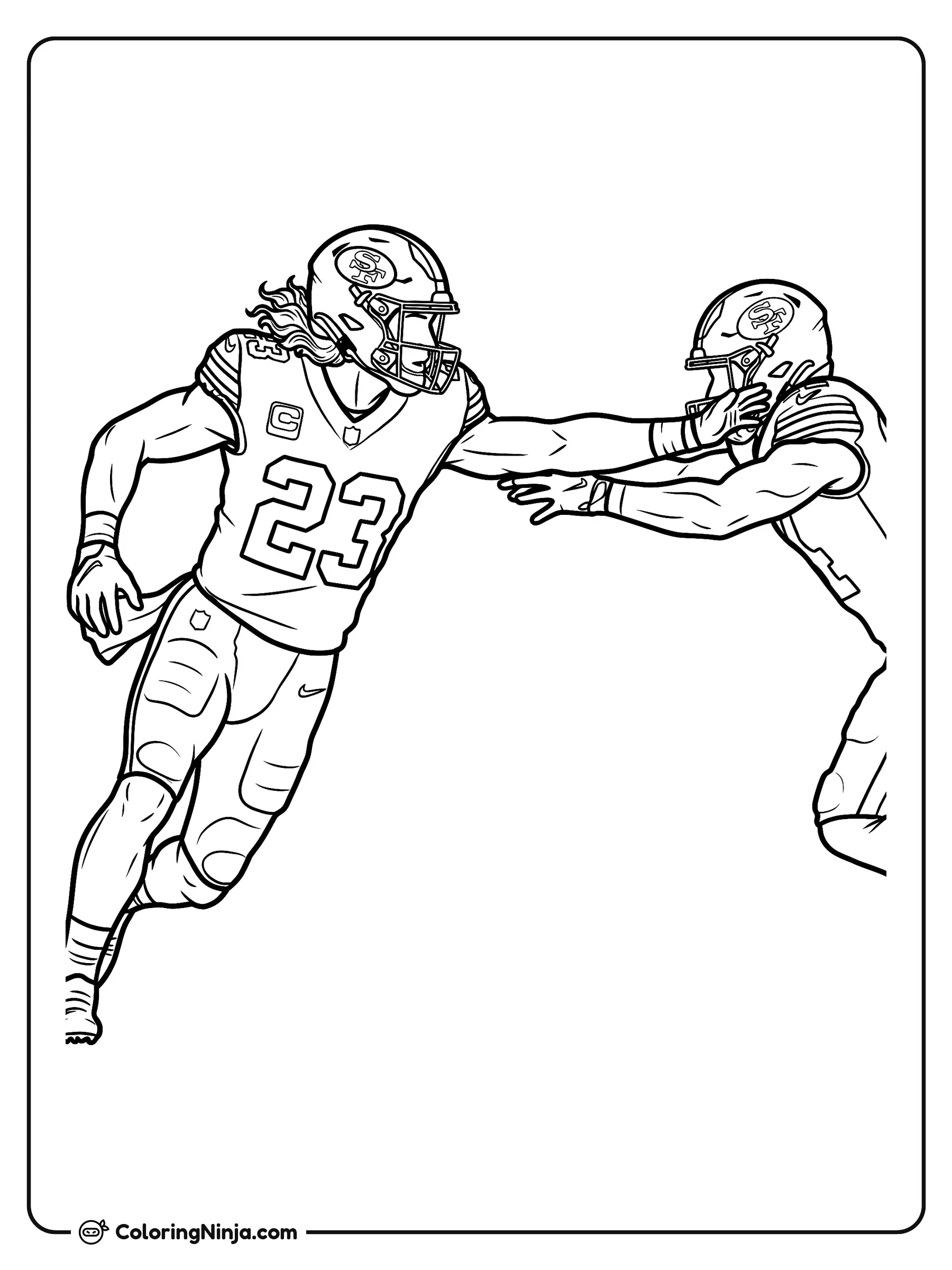 Christian McCaffrey esquivando a un rival, dibujo para colorear: Christian McCaffrey avanza a toda velocidad con el balón bajo el brazo mientras se quita de encima a un defensor con la mano.