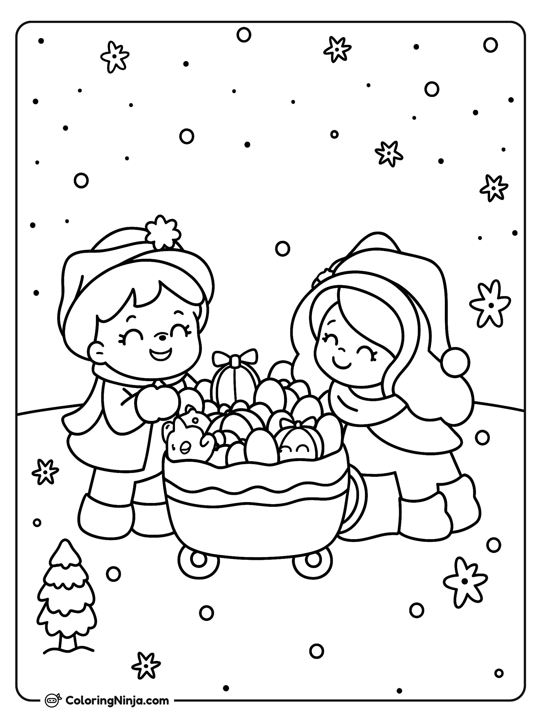 A Christmas Morning Coloring Page: This coloring page depicts a Christmas morning scene, featuring a festively decorated room ready for holiday celebrations.