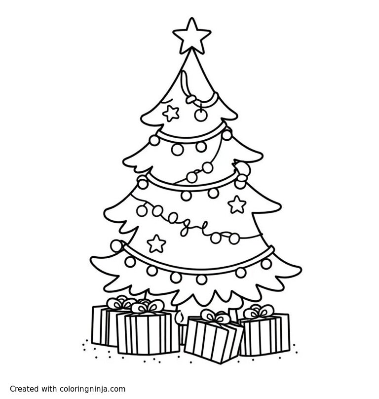 A coloring page of christmas tree with gifts and decorations