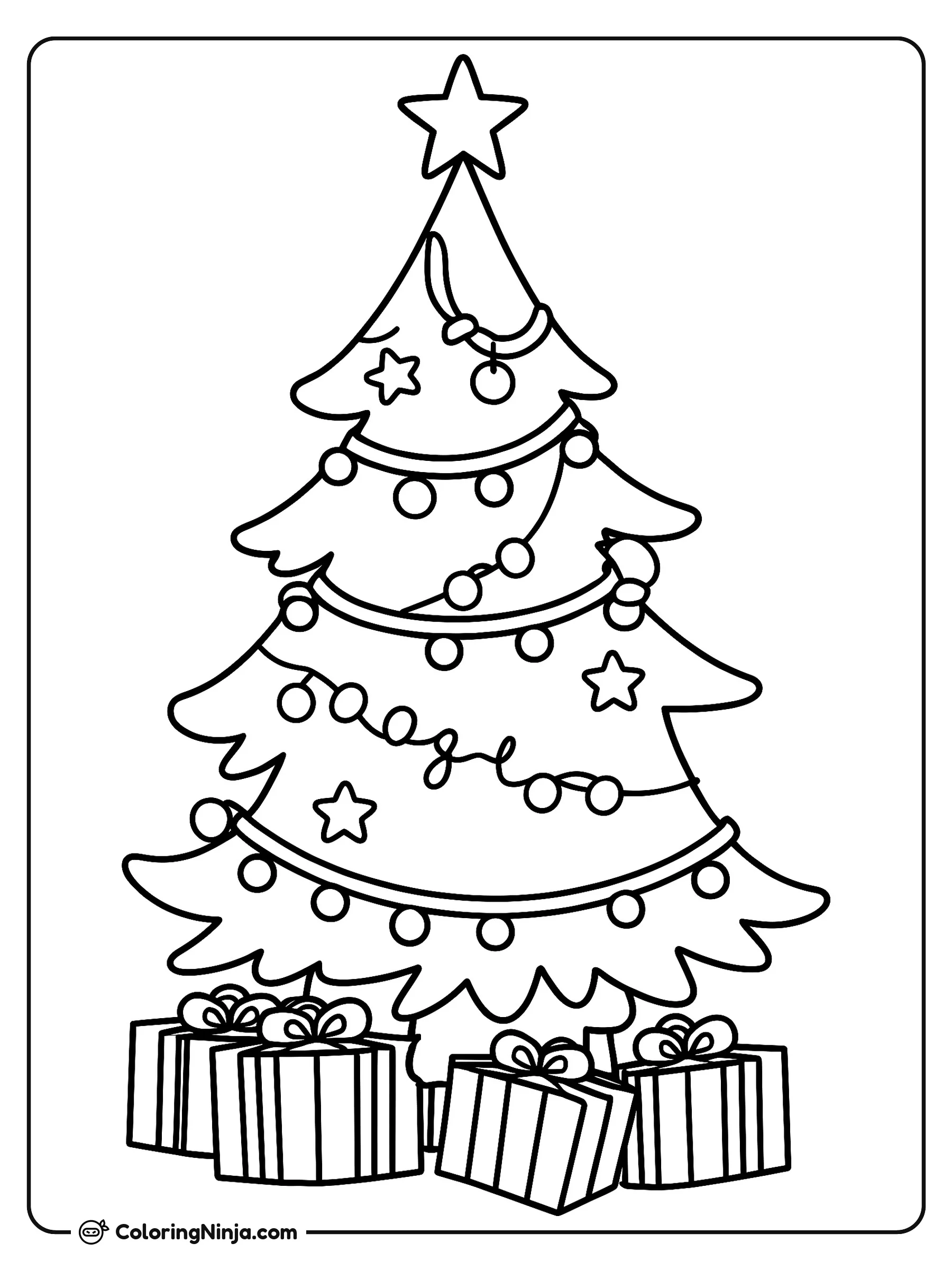 Christmas Tree with Gifts and Decorations Coloring Page: This coloring page features a Christmas tree surrounded by gifts and various decorations. Children can color the tree, the presents beneath it, and the ornaments hanging on its branches.