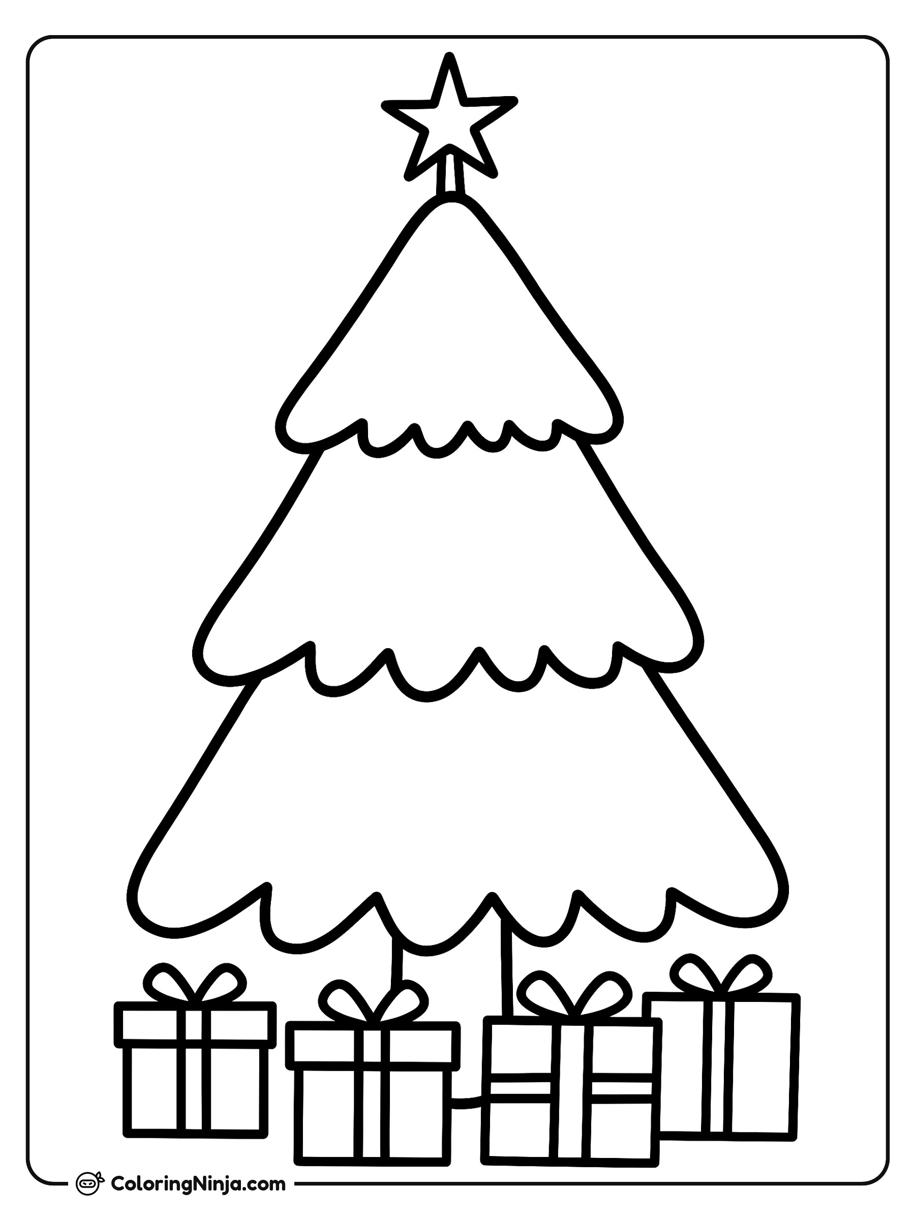 Árbol de Navidad con regalos debajo: dibujo para colorear