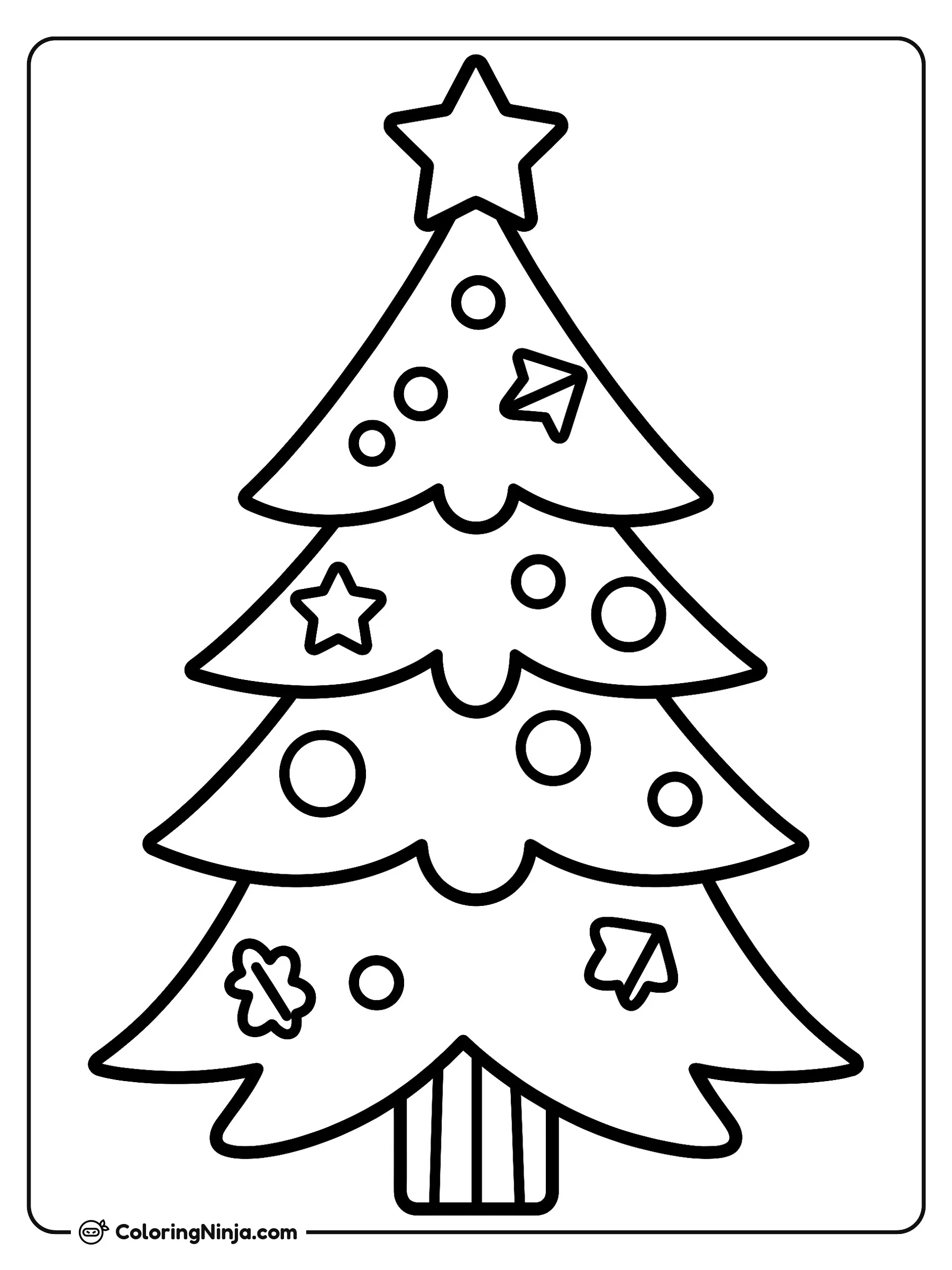 Christmas Tree Coloring Page: This coloring page features a Christmas tree as the central subject. The line art provides a clear outline of the tree, ready to be filled with color for the holiday season.