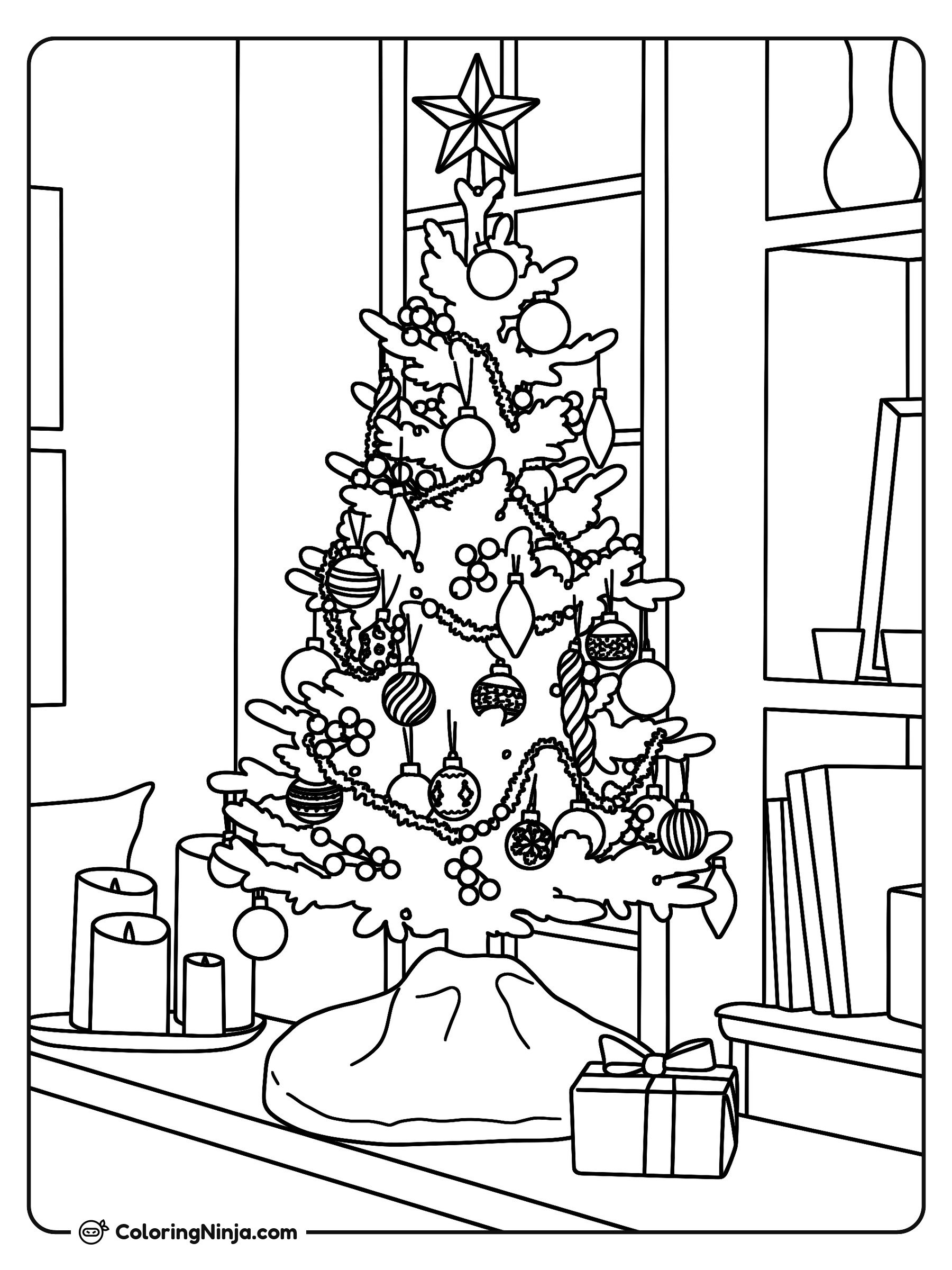 Christmas Tree in Living Room with Gifts Coloring Page