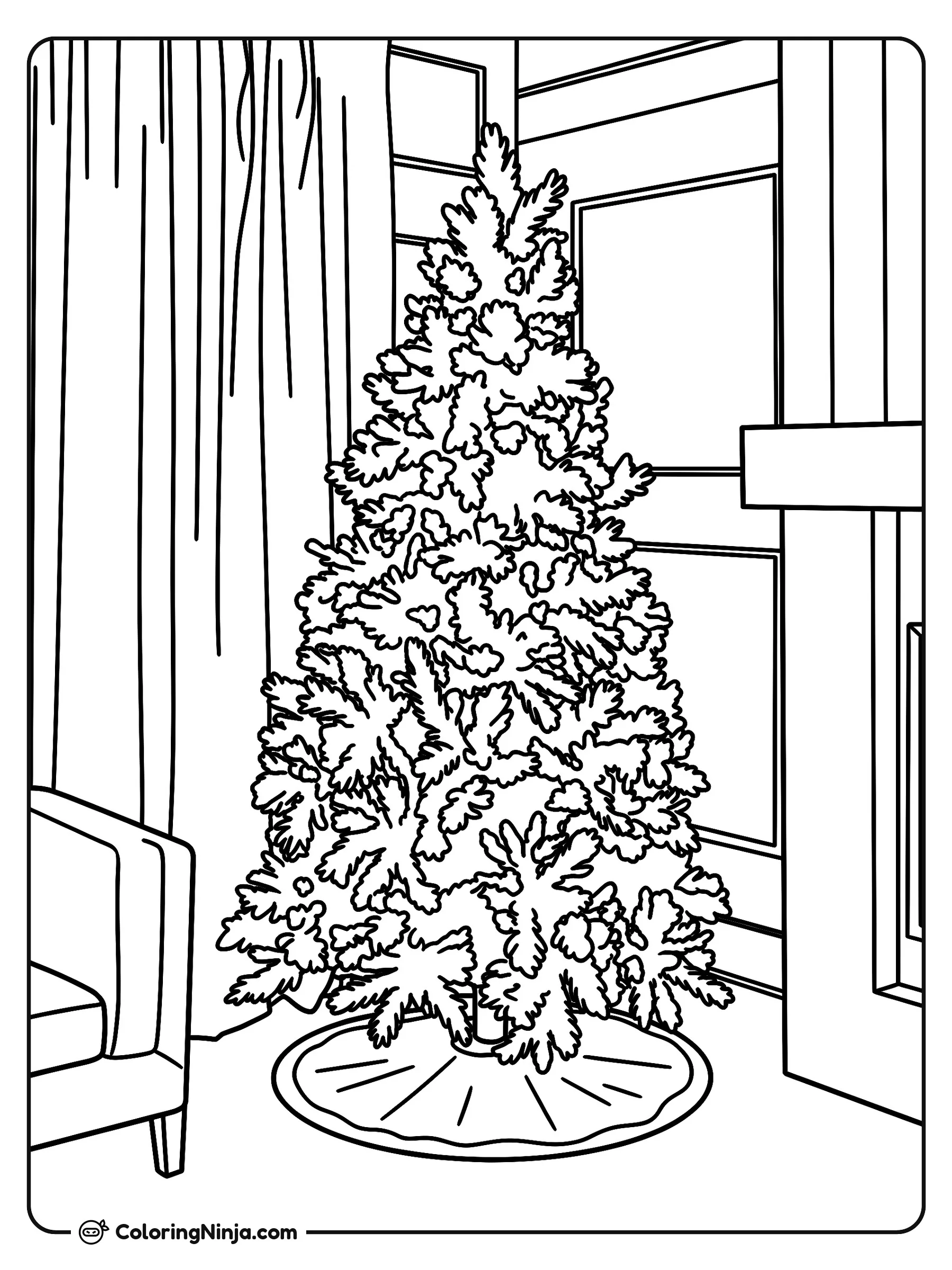Christmas Tree by Fireplace and Window Coloring Page: This line drawing features a Christmas tree as a simple coloring page. The black-and-white outline presents the clear, uncluttered shape of the festive tree, making it easy to color.
