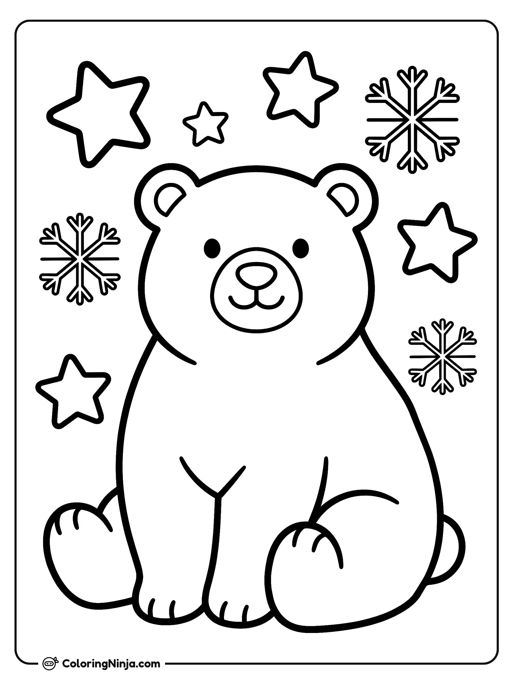 Oso polar tierno y rechoncho, dibujo para colorear: Un adorable oso polar de estilo kawaii aparece sentado muy feliz en el suelo. A su alrededor flotan varias estrellas y copos de nieve grandes en un diseño muy sencillo.