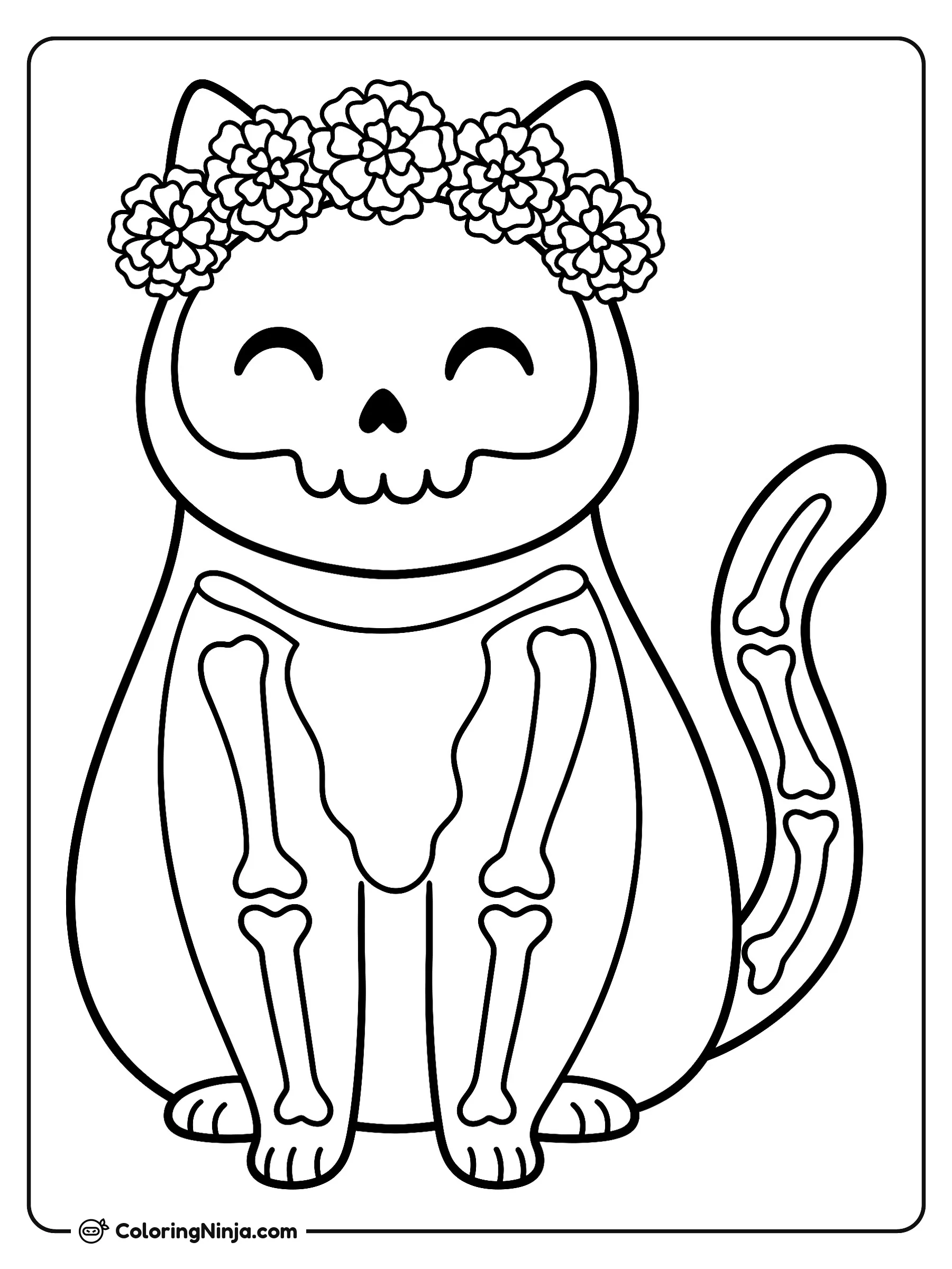 Kawaii Kitten Sugar Skull Coloring Page: This page depicts a cute, chubby cartoon kitten skeleton sitting down while wearing a tiny crown of three simple marigolds. The cat has big shiny eyes and heart-shaped cheek markings.