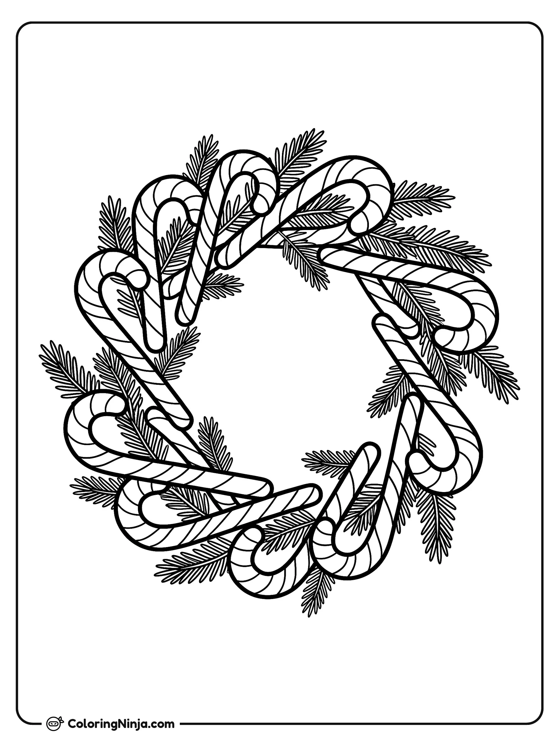 Festive Candy Cane Wreath Coloring Page: Striped candy canes are arranged in a large circular ring to form a festive wreath. Sprigs of pine needles fill the gaps between the candies.