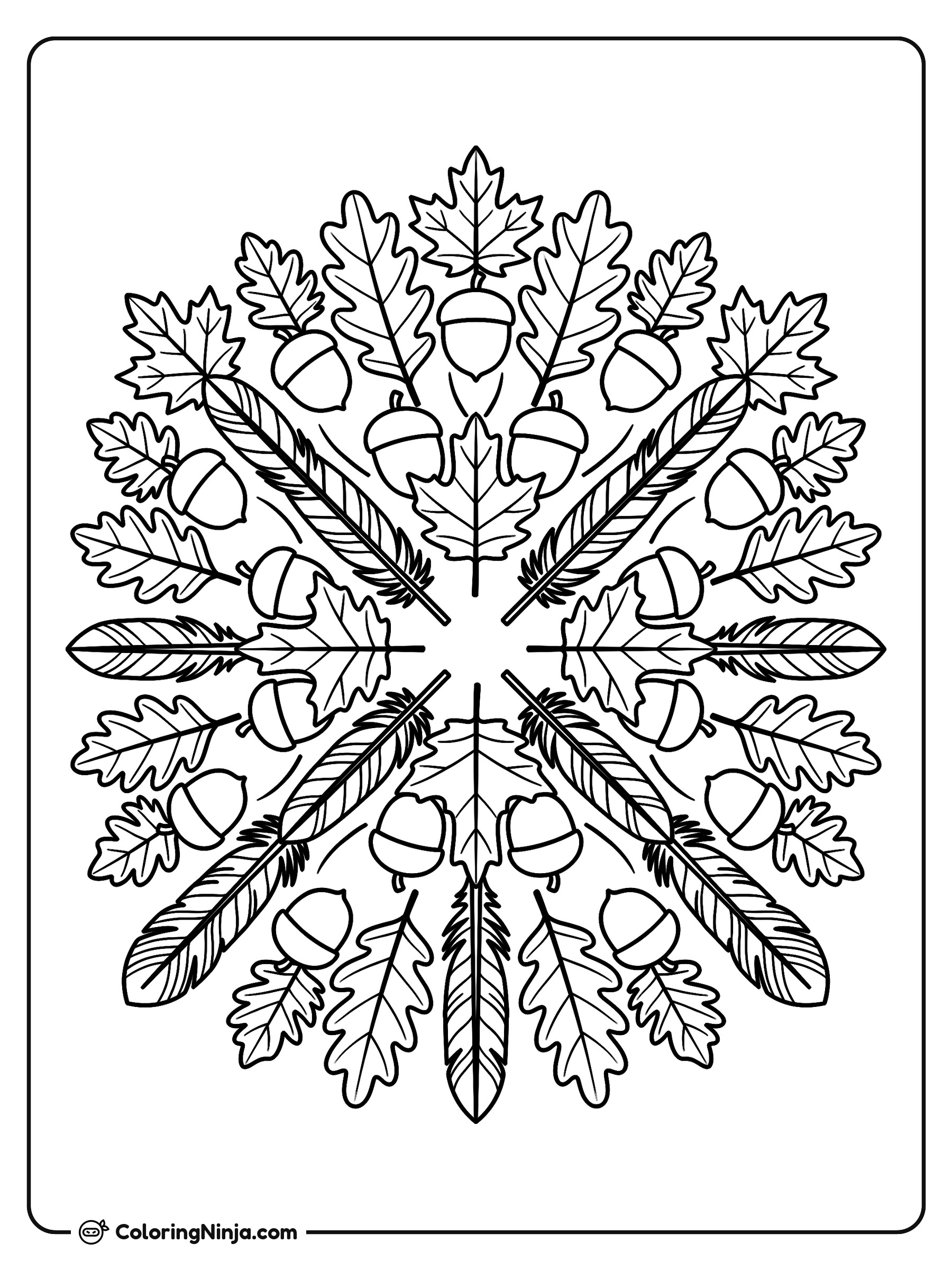 Thanksgiving Leaf and Feather Mandala Coloring Page