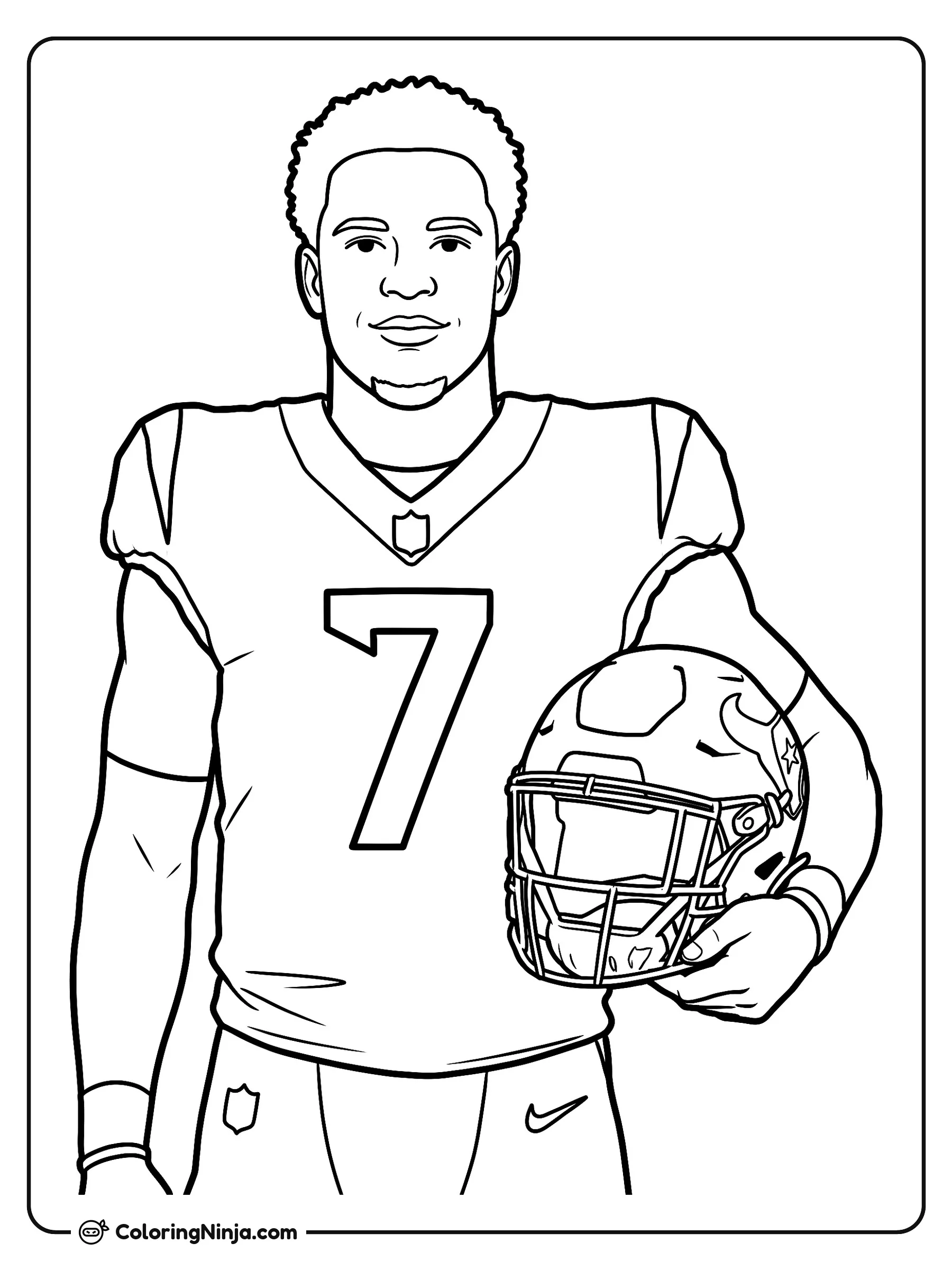 Retrato de C.J. Stroud con casco, dibujo para colorear: El jugador de fútbol americano C.J. Stroud posa de frente con su jersey número siete y su casco bajo el brazo.