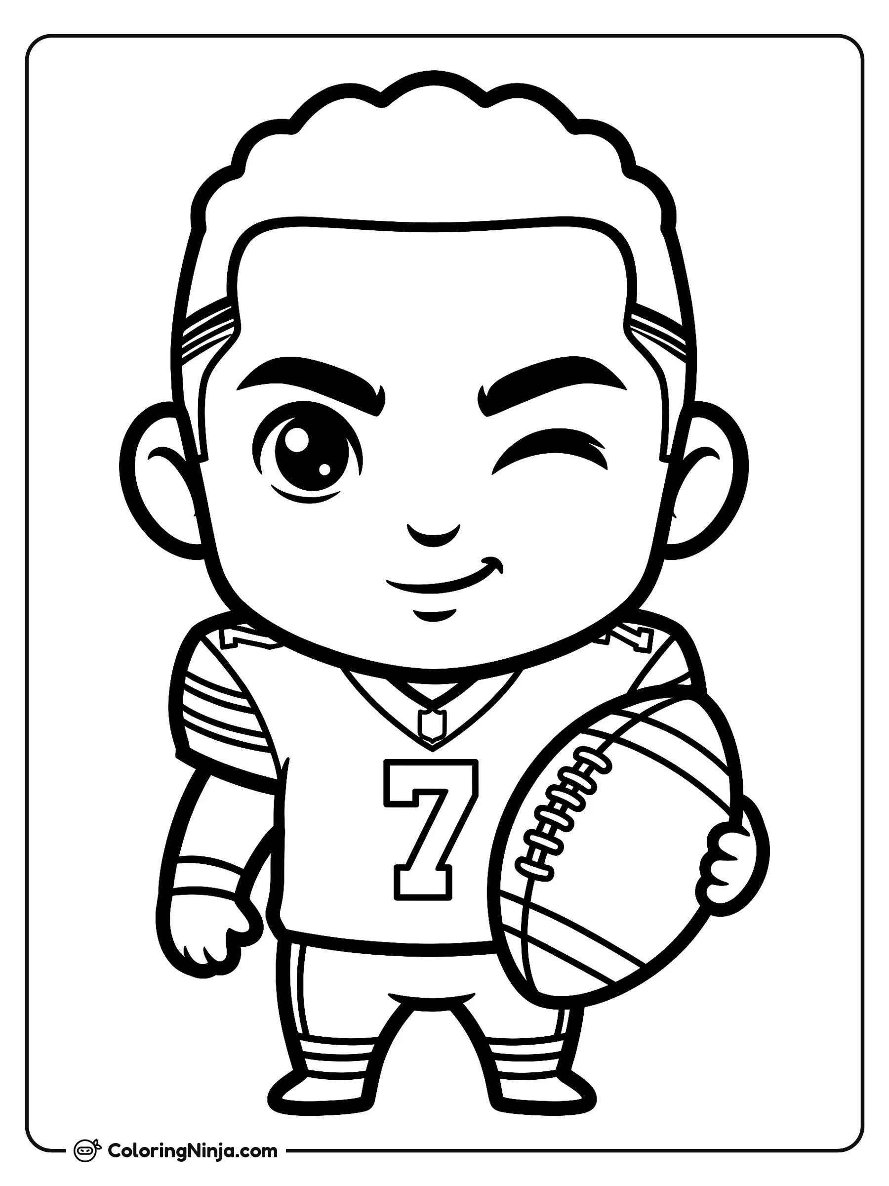 C.J. Stroud estilo dibujo animado, dibujo para colorear: Un alegre personaje de C.J. Stroud en versión dibujo animado guiña un ojo mientras sostiene un balón de fútbol americano.