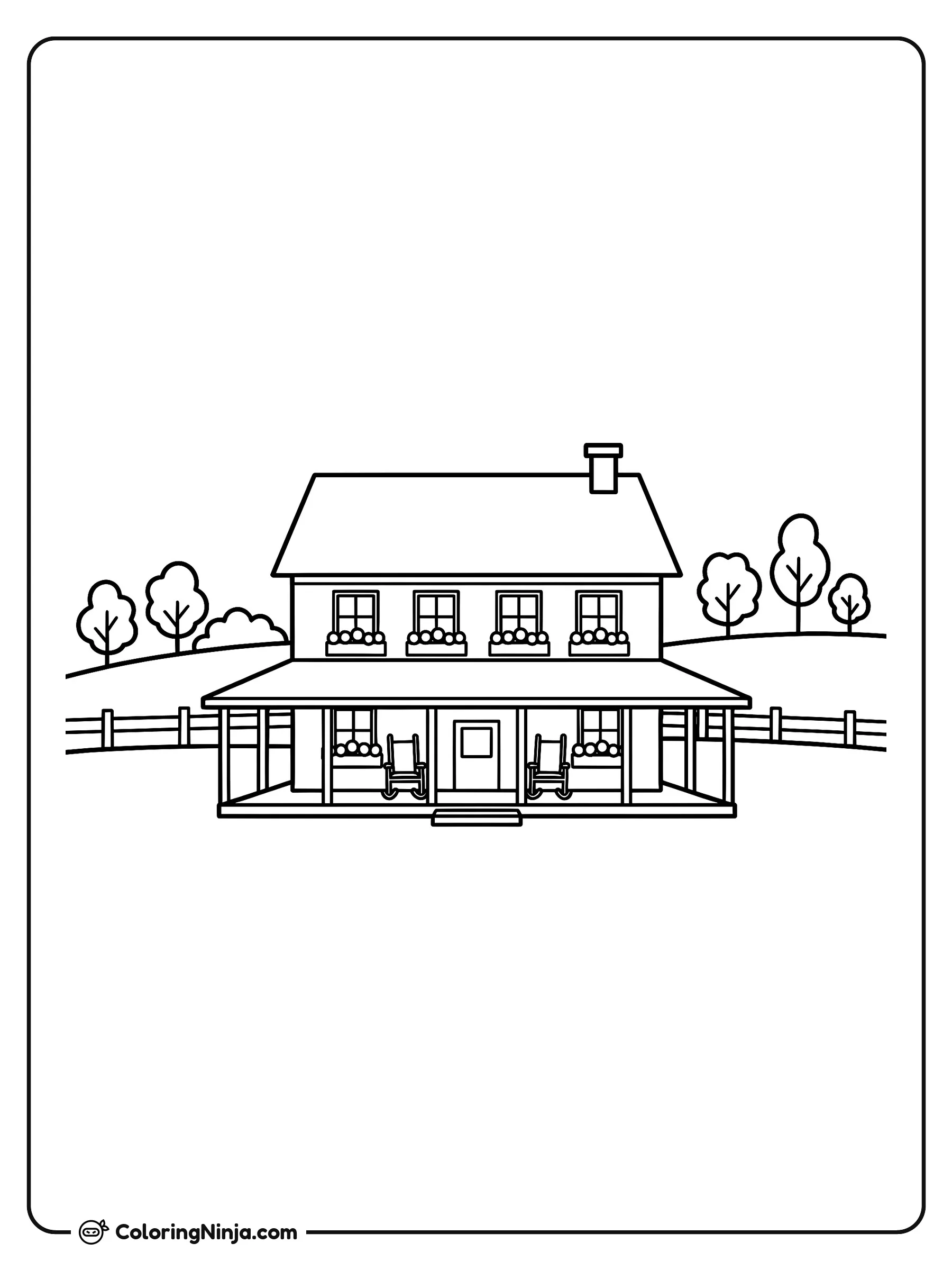 Casa de Campo Clásica, dibujo para colorear: Una clásica casa de campo cuenta con un amplio porche delantero con dos mecedoras junto a la puerta principal.