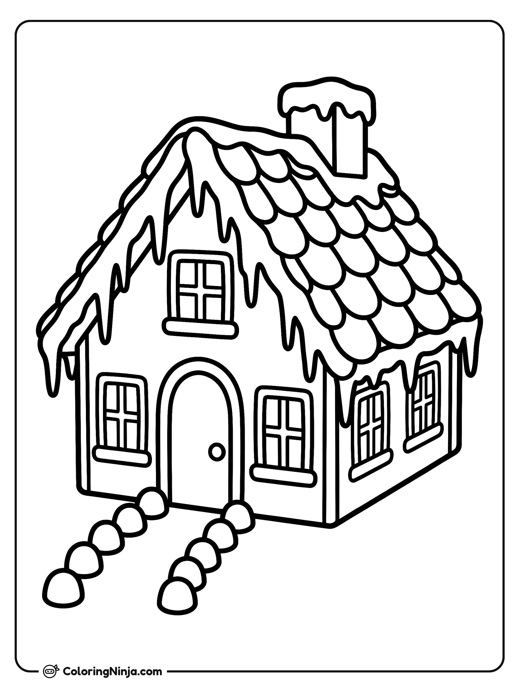 Classic Sweet Gingerbread House Coloring Page: A classic single-story gingerbread house sits in the center of the page with scalloped icing tiles on its roof, neat frosting icicles hanging from the eaves, and a gumdrop-lined path leading to the front door.