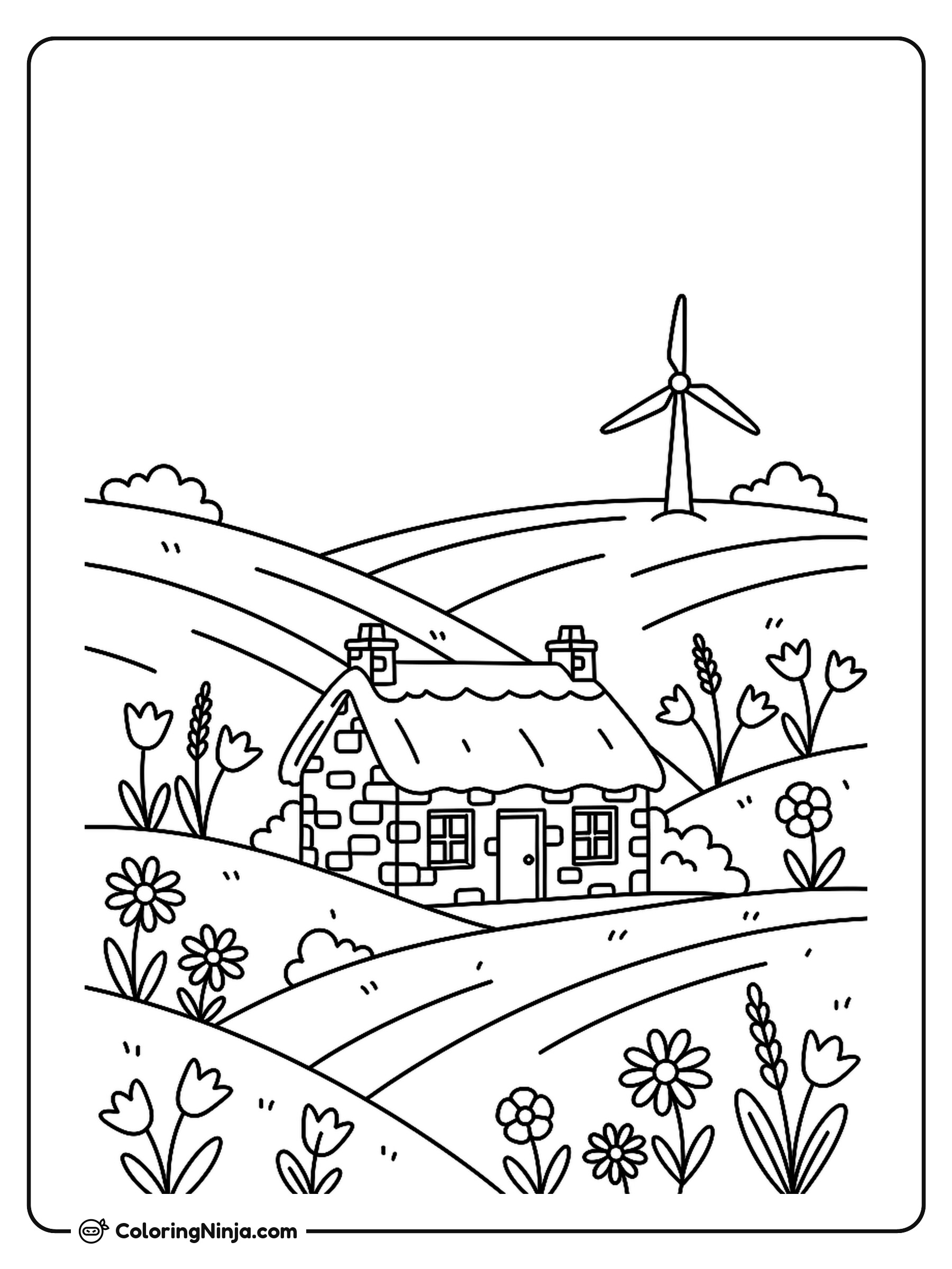 Scottish Highlands Cottage and Windmill Coloring Page