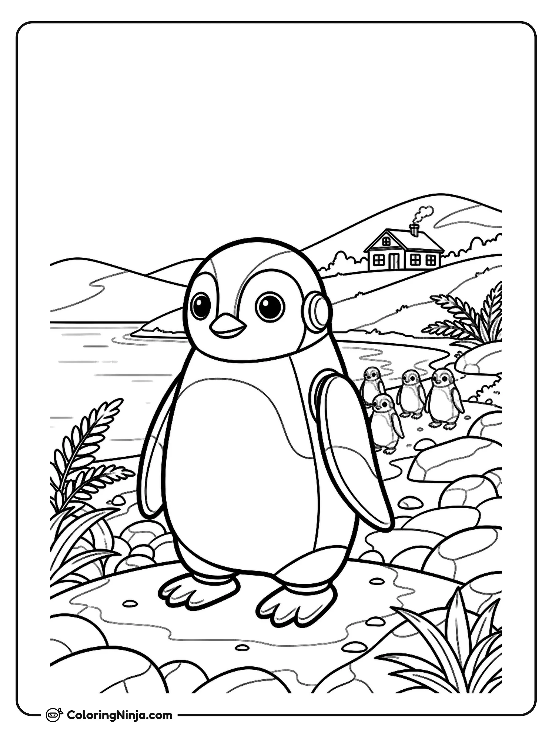 Robot Penguin On New Zealand Coast Coloring Page: This page features a robot penguin standing on a scenic New Zealand coast, with other robot penguins gathering near the water.