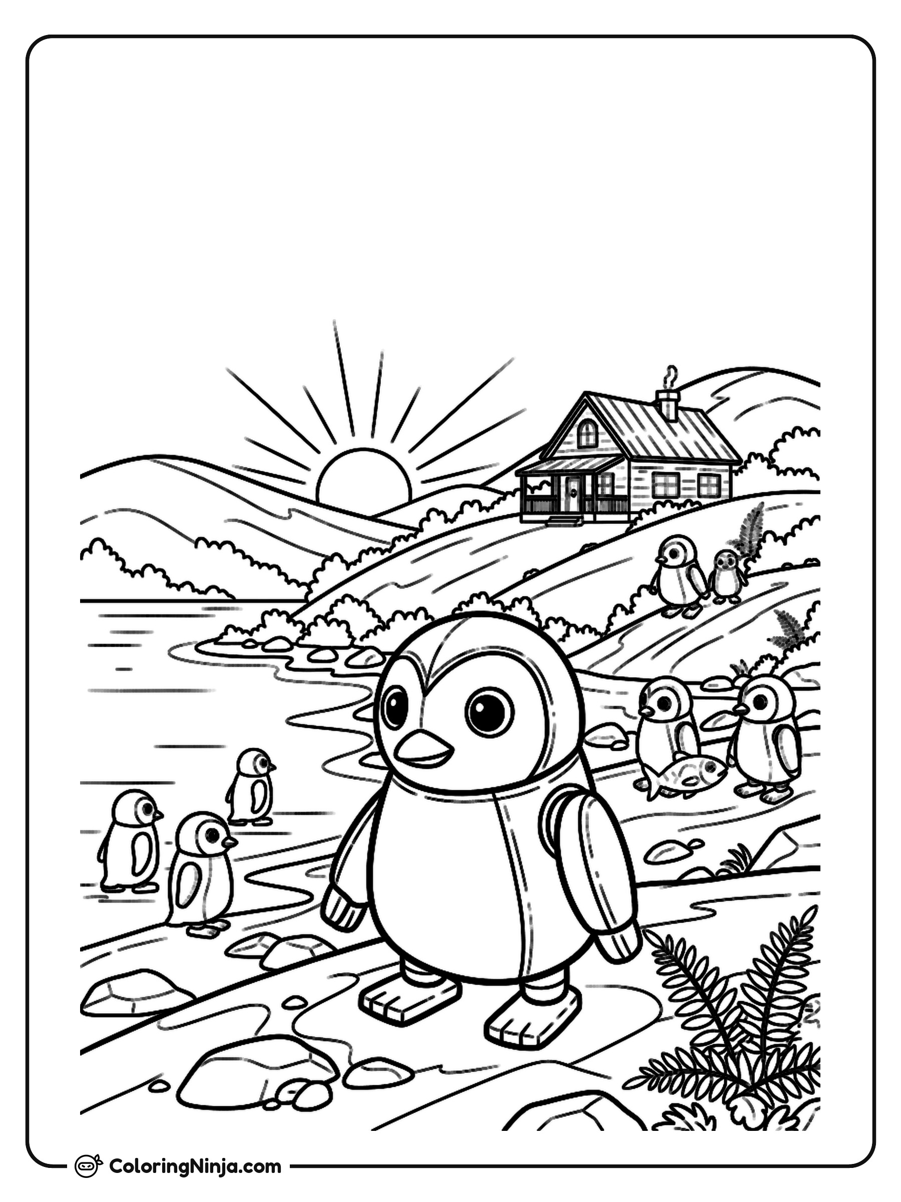 Robot Penguins On New Zealand Hills Coloring Page