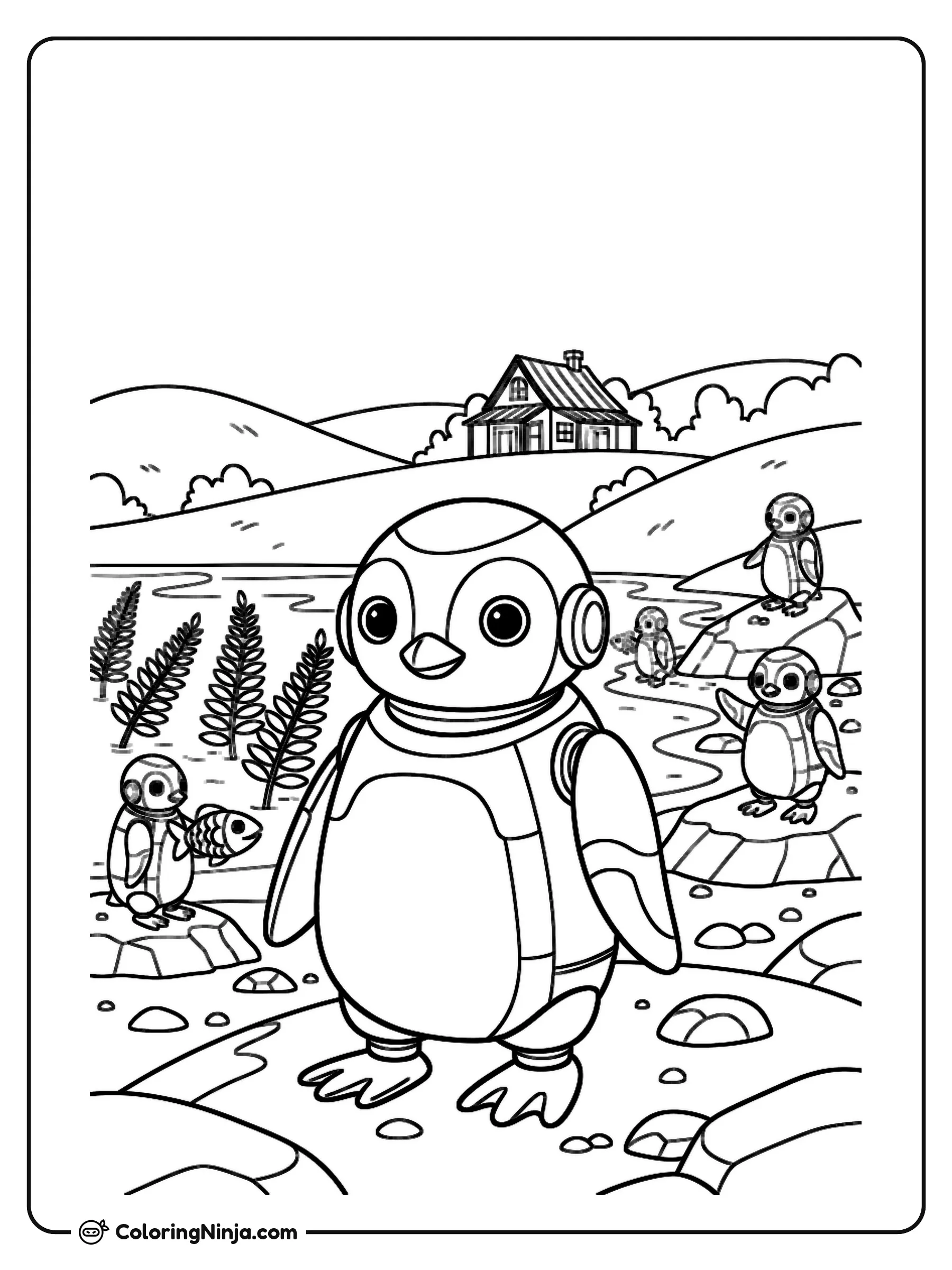 Robot Penguins On The New Zealand Coast Coloring Page: This scene features green New Zealand hills overlooking a lake with native ferns along the shore.
