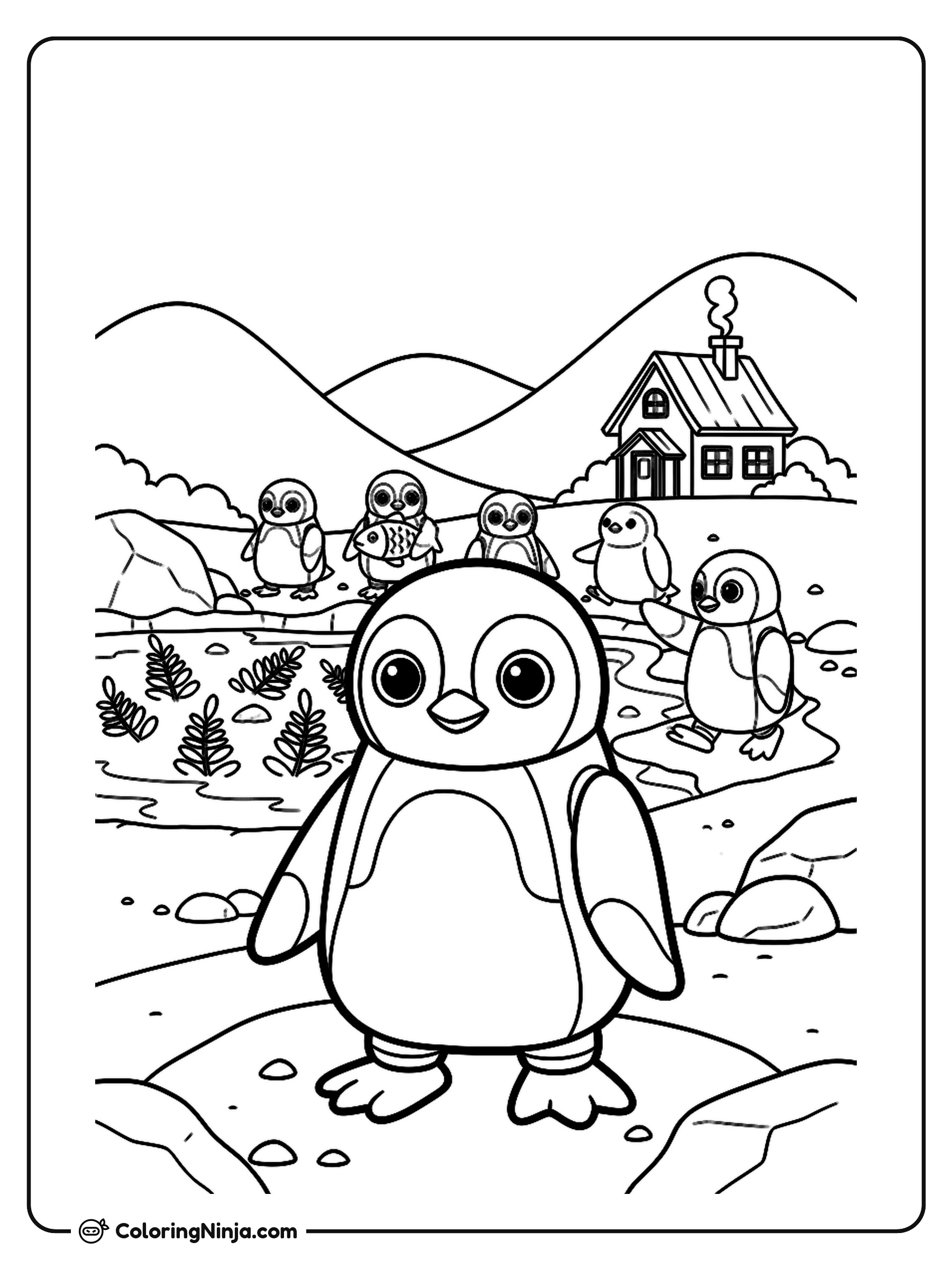 Robot Penguins On New Zealand Hills Coloring Page