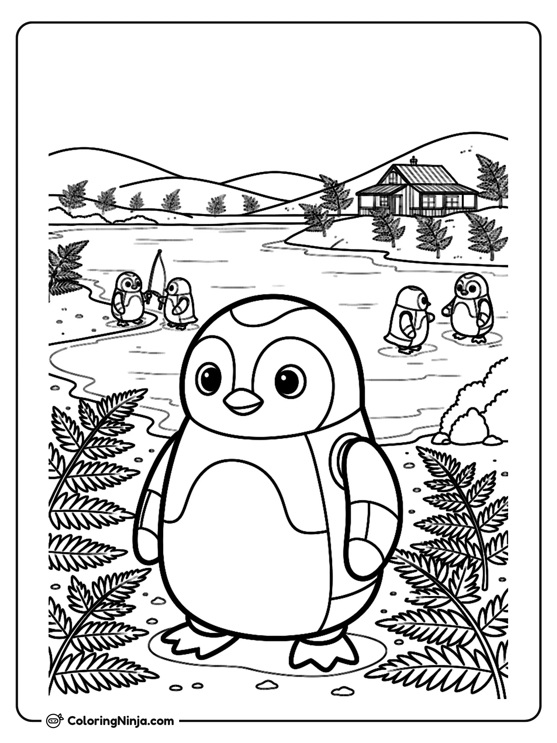 Robot Penguins On The New Zealand Coast Coloring Page: A featured robot penguin stands on the New Zealand coast while other robot penguins go about their daily lives nearby.