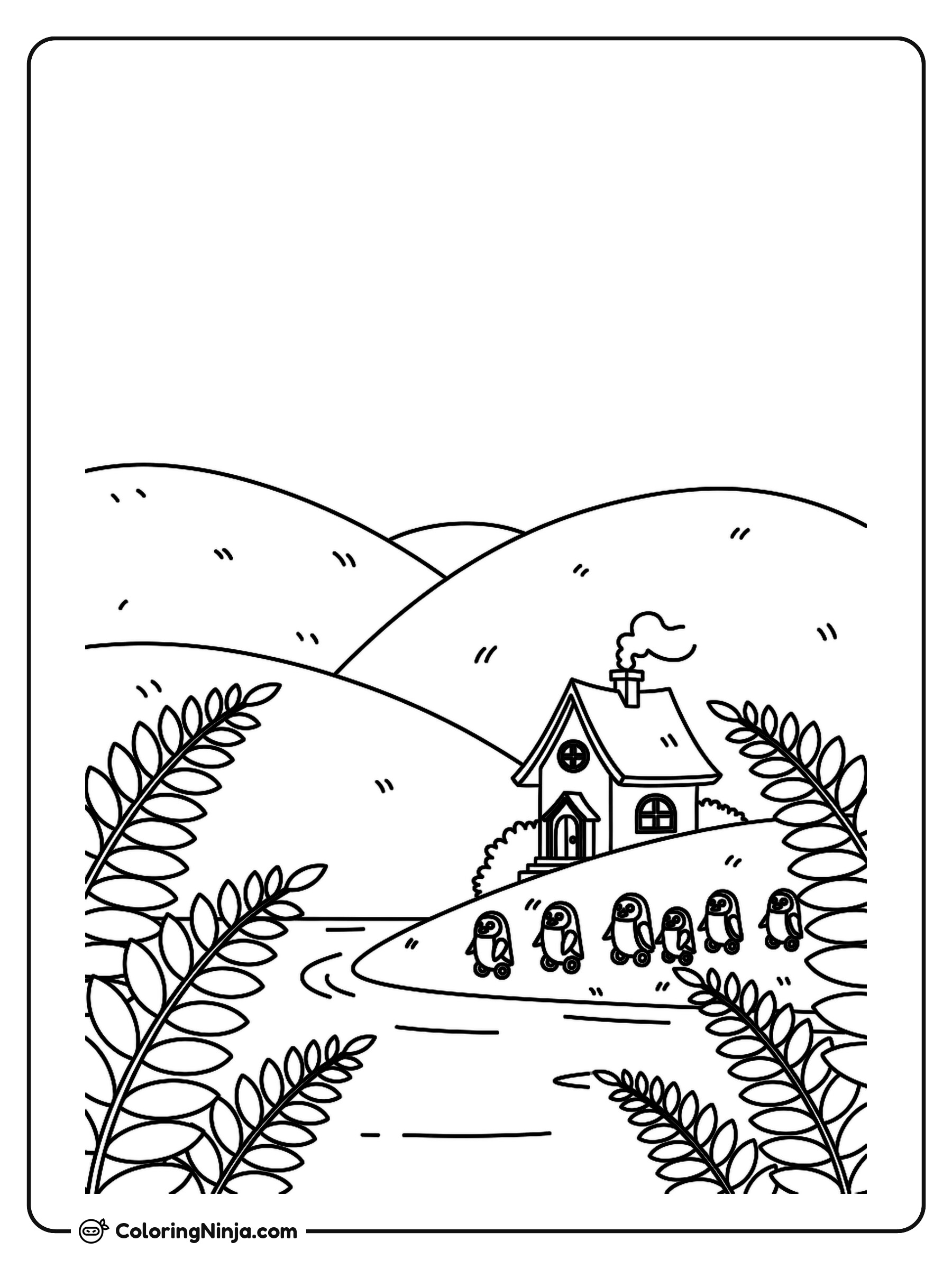 New Zealand Hills and Robot Penguins Coloring Page