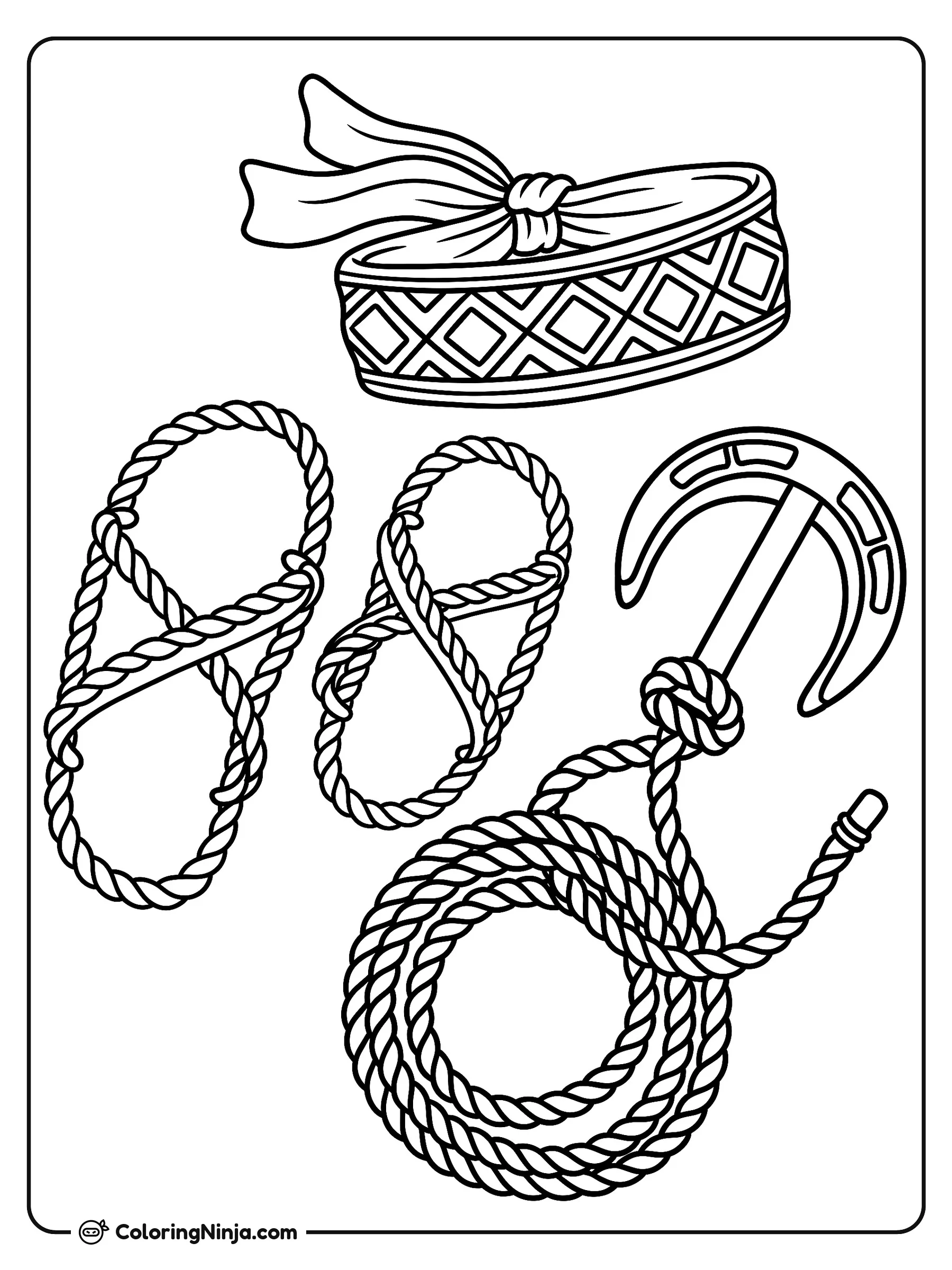 Equipo Esencial de Ninja, dibujo para colorear: Una colección de accesorios ninja que incluye una cinta para la cabeza con un patrón geométrico en la parte superior.