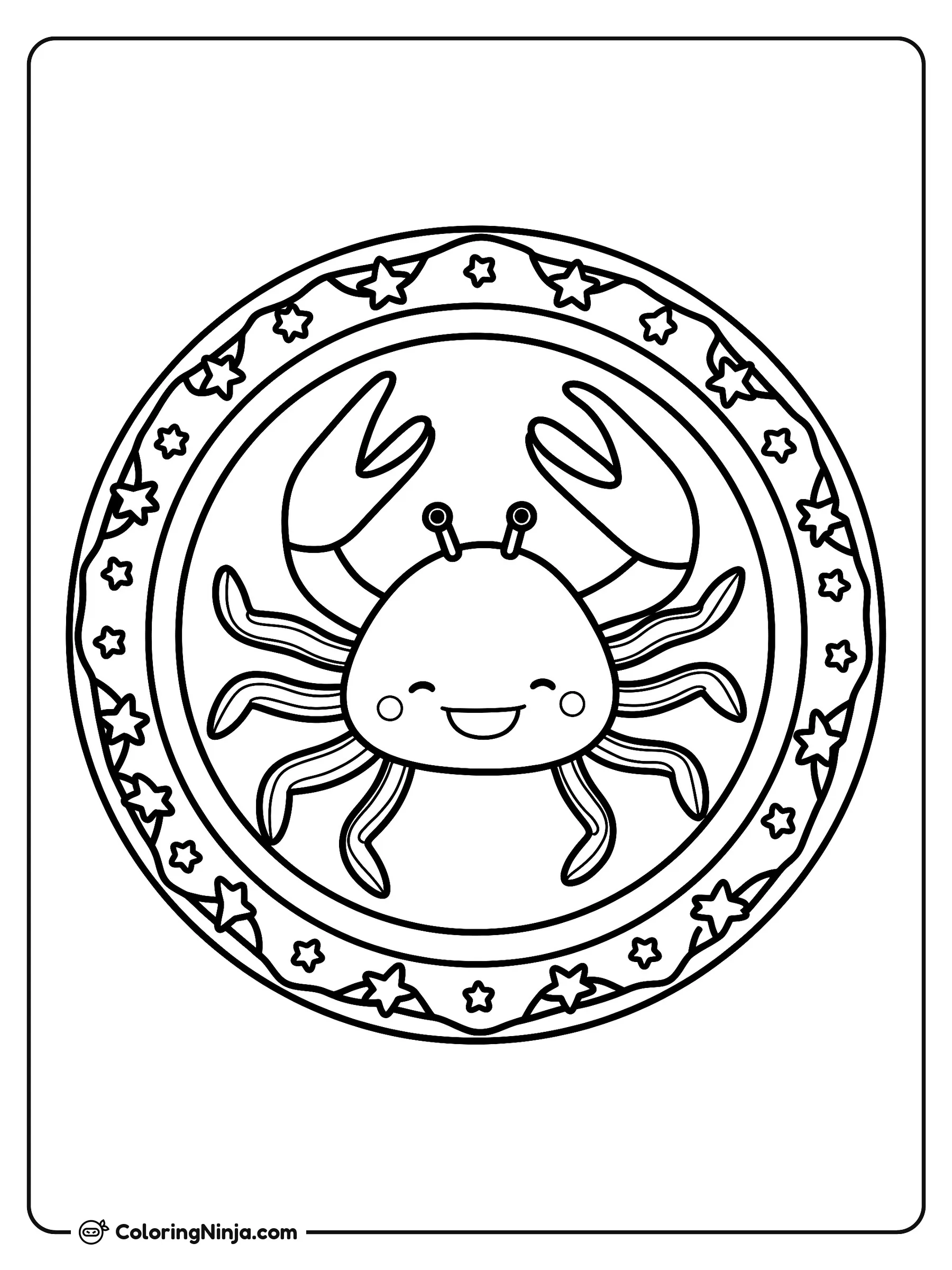 Mándala Mágico del Signo Cáncer, dibujo para colorear: Un alegre cangrejo del signo Cáncer se encuentra en el centro de un mándala circular decorado con pequeñas estrellas en su borde.
